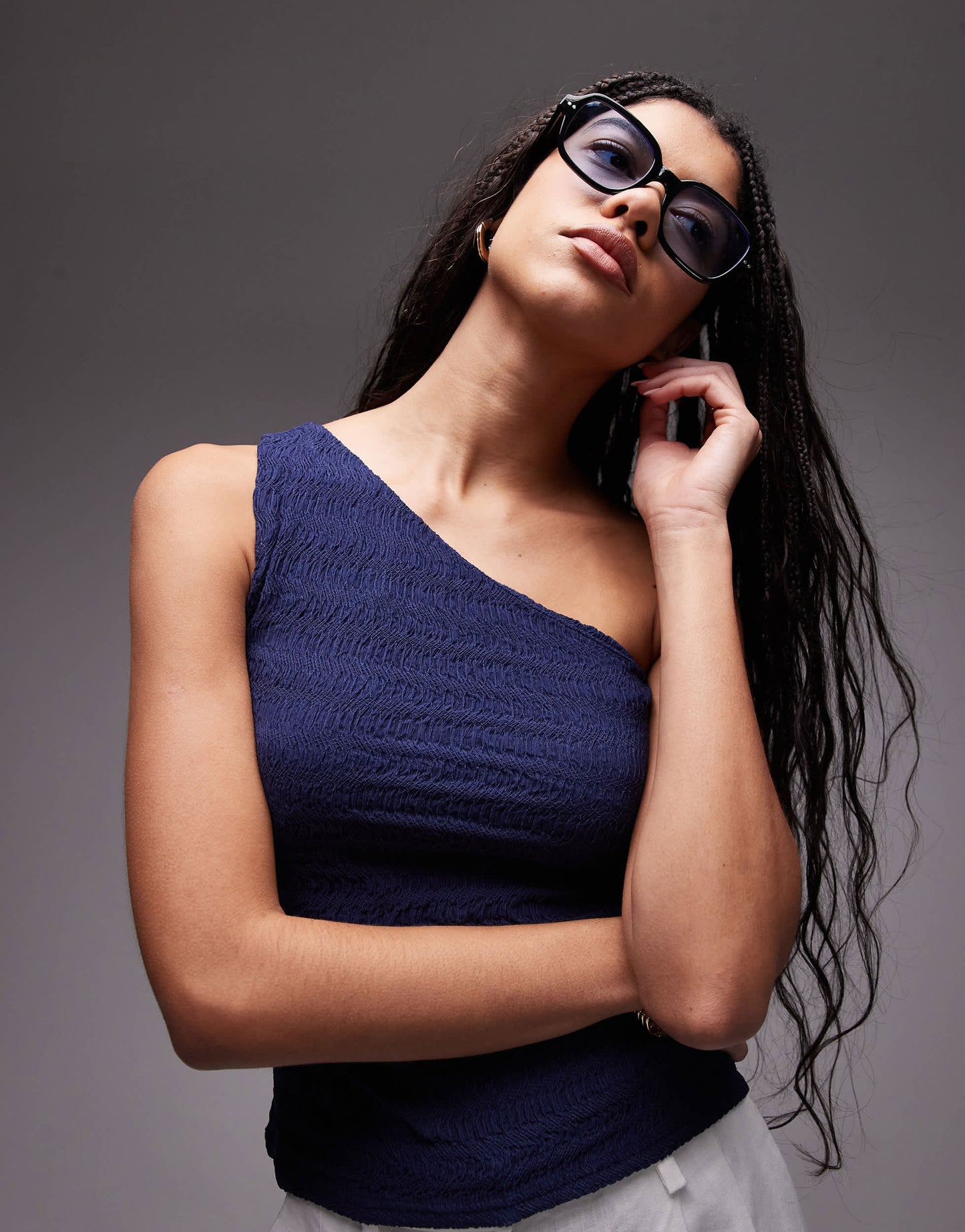Topshop crinkle one shoulder top in navy
