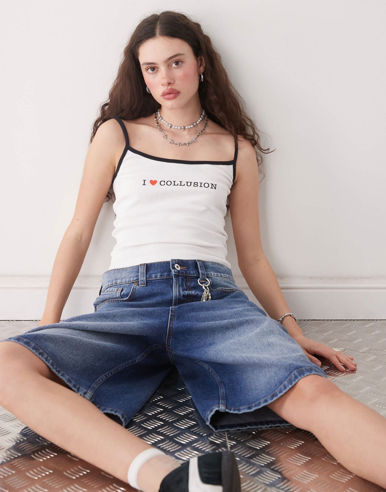 COLLUSION 'I LOVE COLLUSION' cami rib top in white