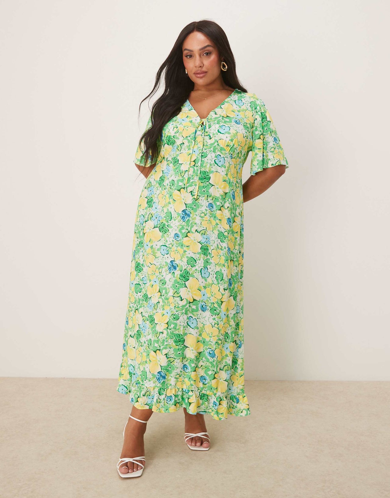 Nobody's Child Plus Dahlia midi tea dress in green and yellow ditsy