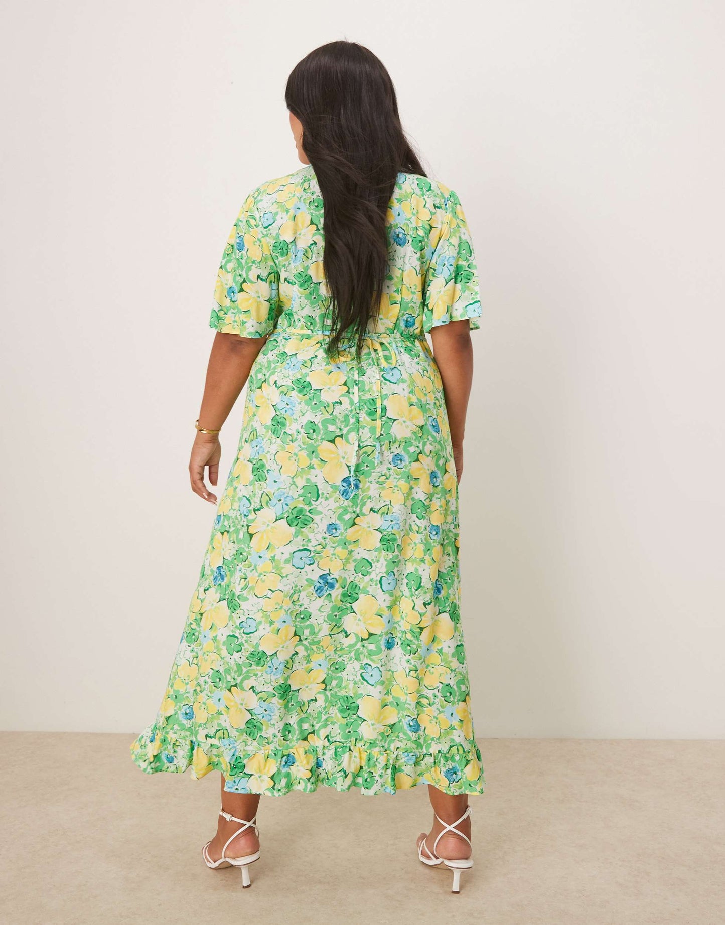 Nobody's Child Plus Dahlia midi tea dress in green and yellow ditsy