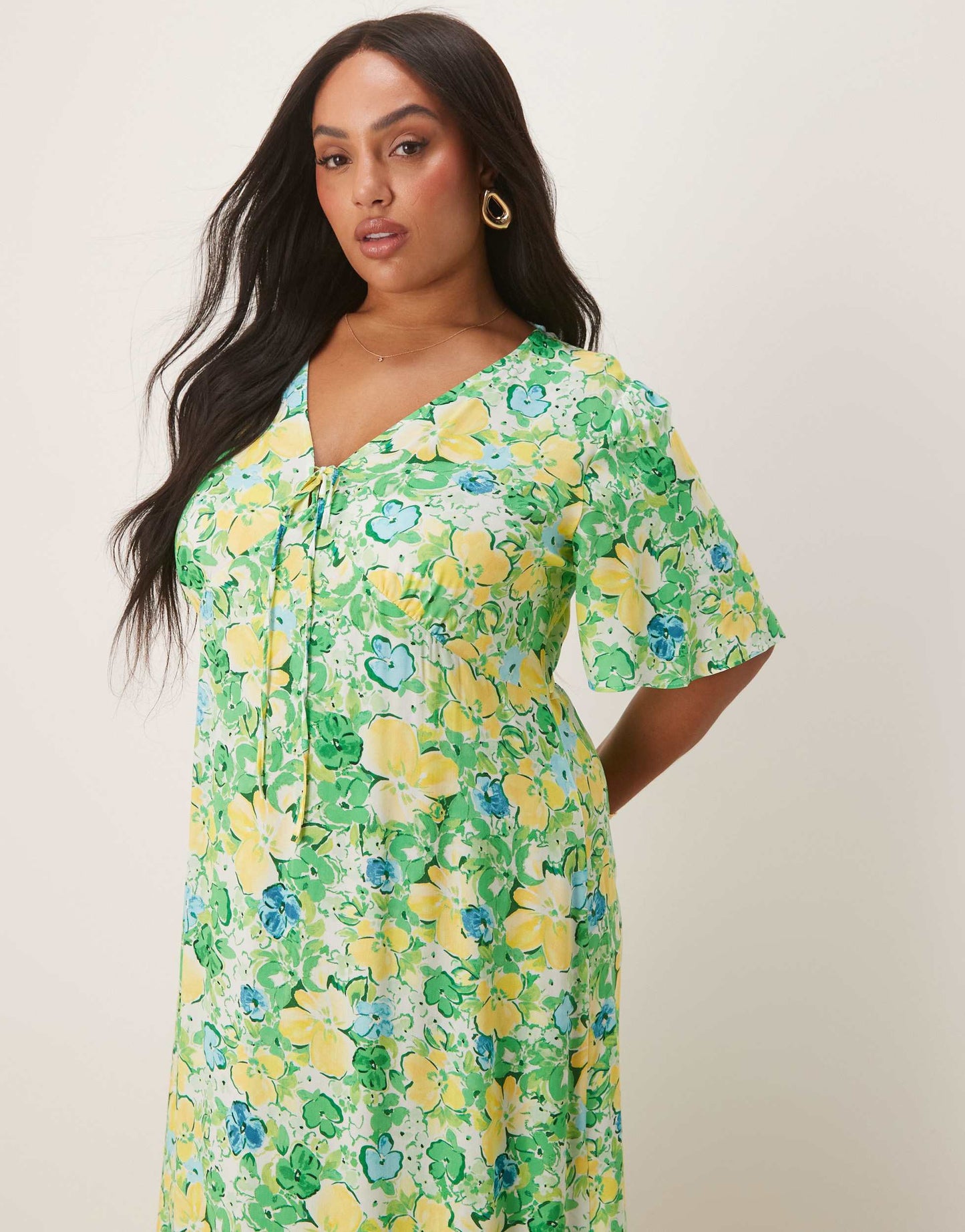 Nobody's Child Plus Dahlia midi tea dress in green and yellow ditsy