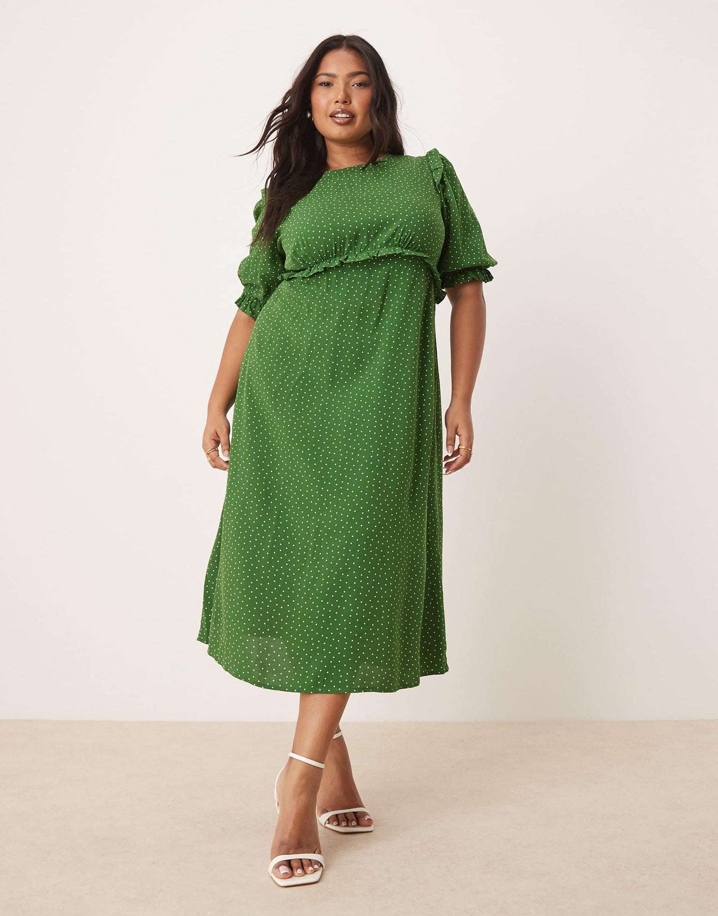 Nobody's Child Plus Felicia ruffle detail midi dress in green spot