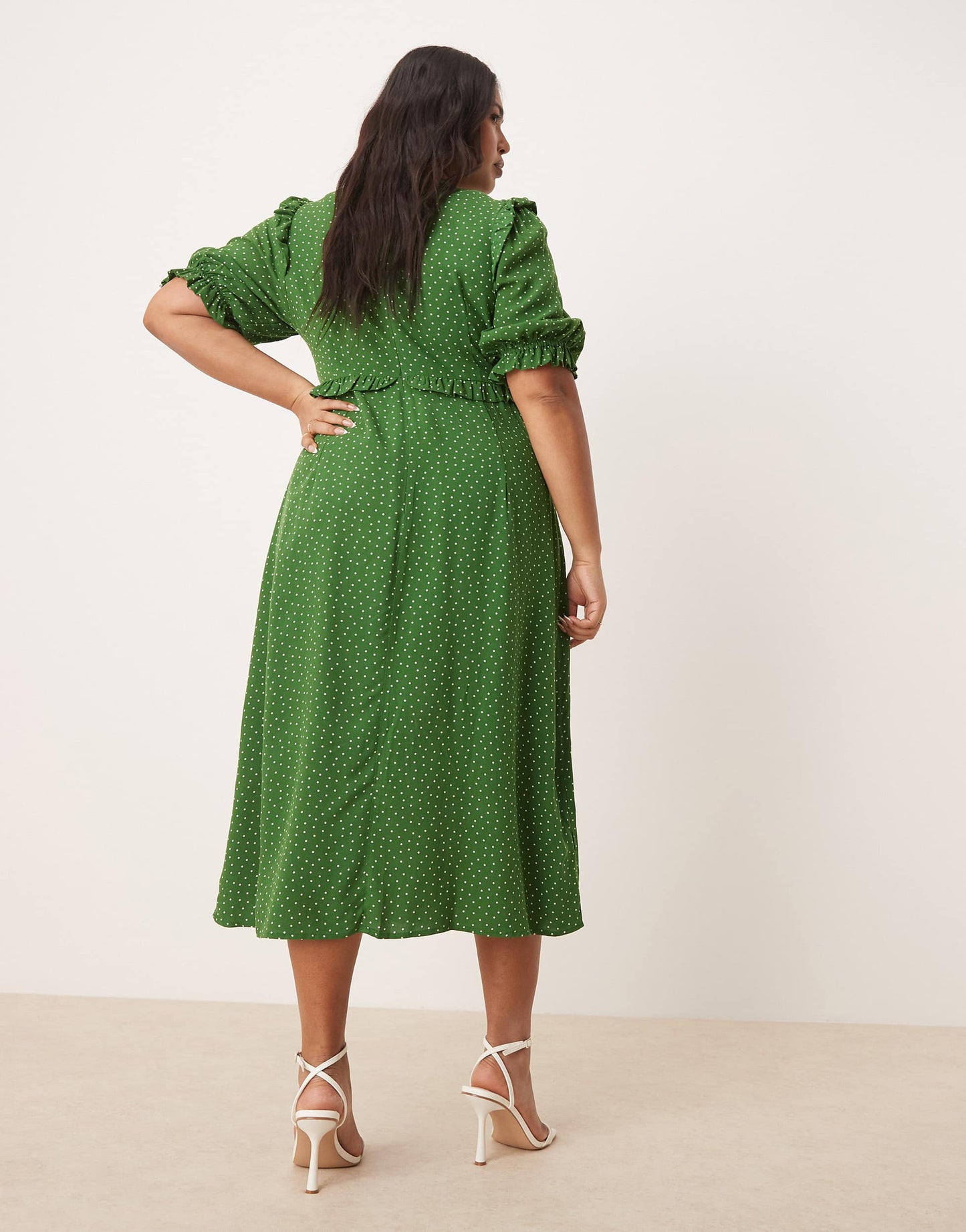 Nobody's Child Plus Felicia ruffle detail midi dress in green spot