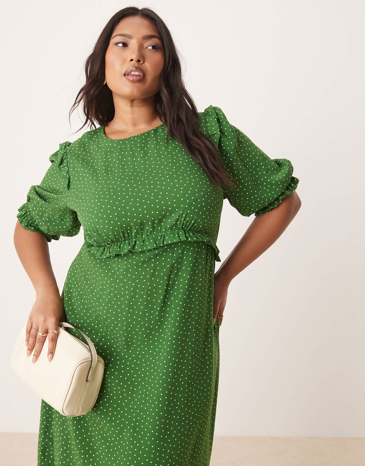Nobody's Child Plus Felicia ruffle detail midi dress in green spot