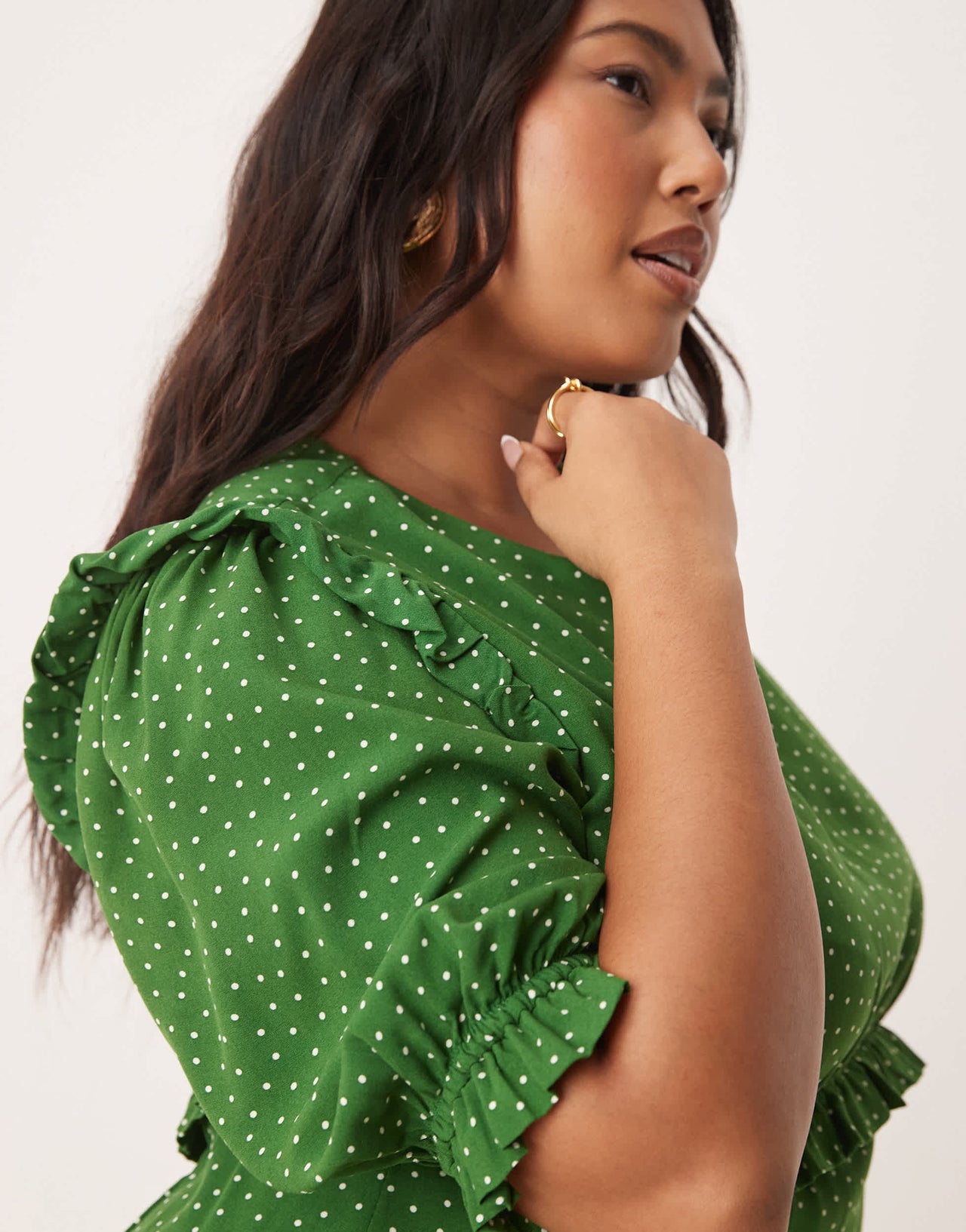Nobody's Child Plus Felicia ruffle detail midi dress in green spot