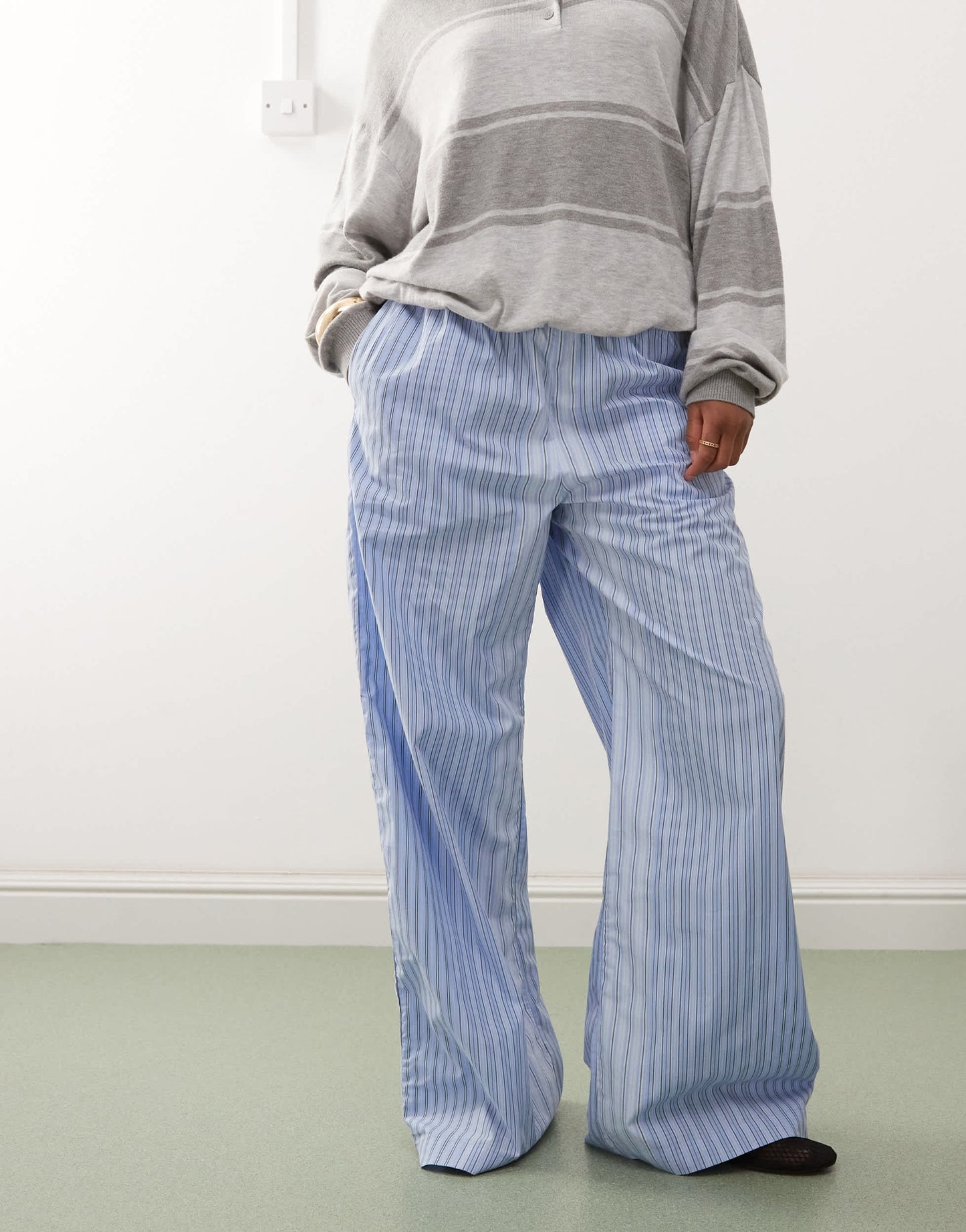 Weekday wide leg trousers in mismatched blue stripe