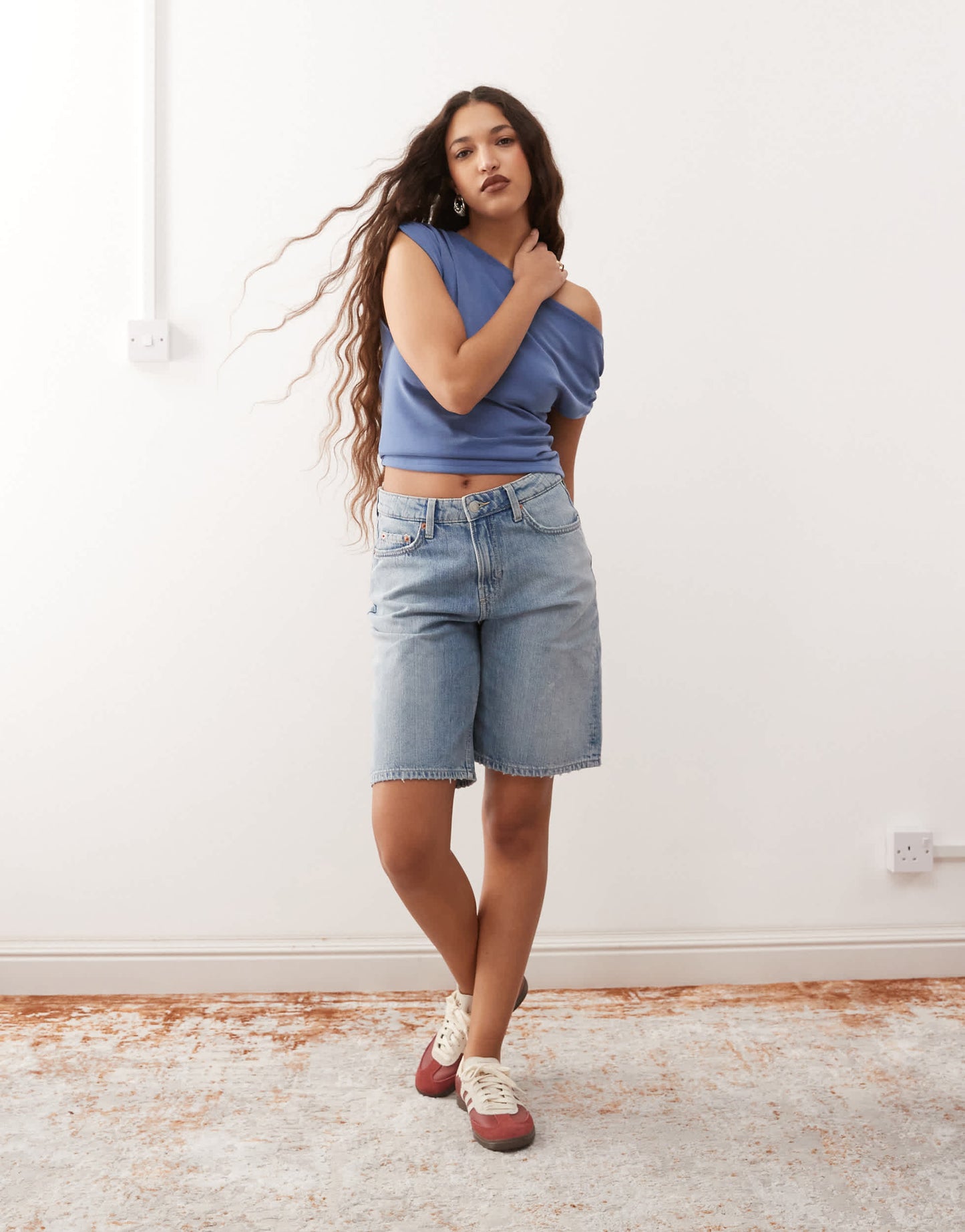 Weekday low waist knee length denim shorts in blue