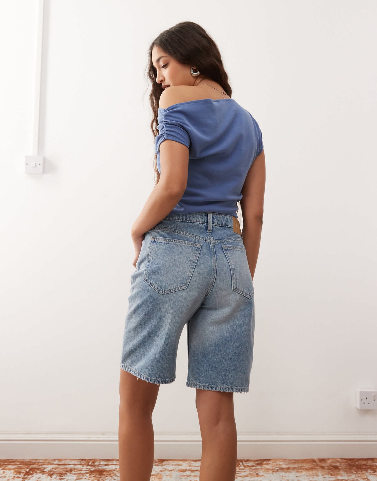 Weekday low waist knee length denim shorts in blue