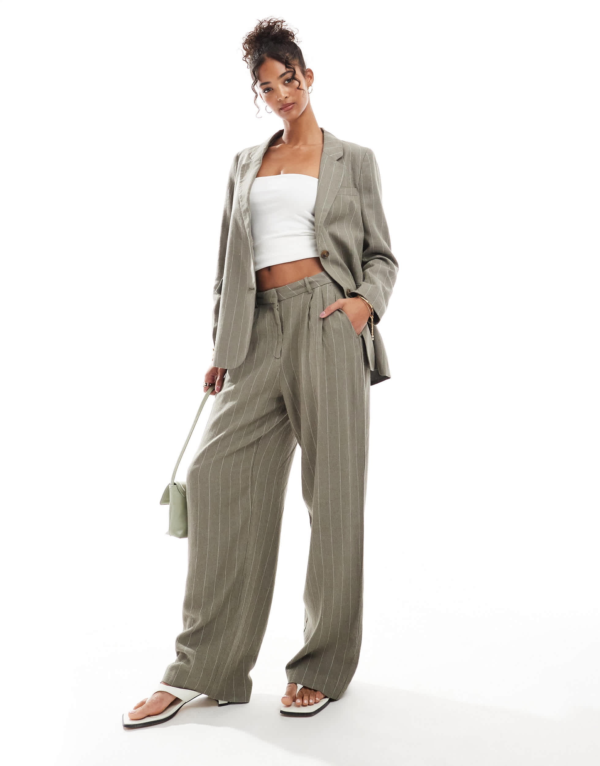Vero Moda linen touch pleat front trouser co-ord in khaki stripe