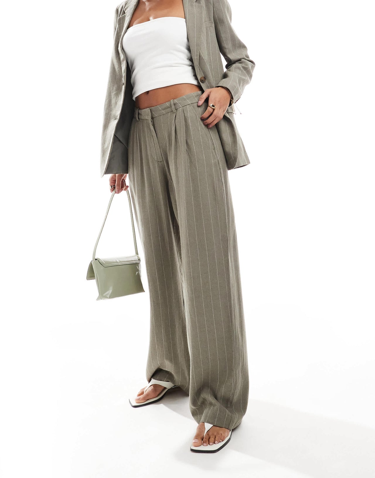Vero Moda linen touch pleat front trouser co-ord in khaki stripe
