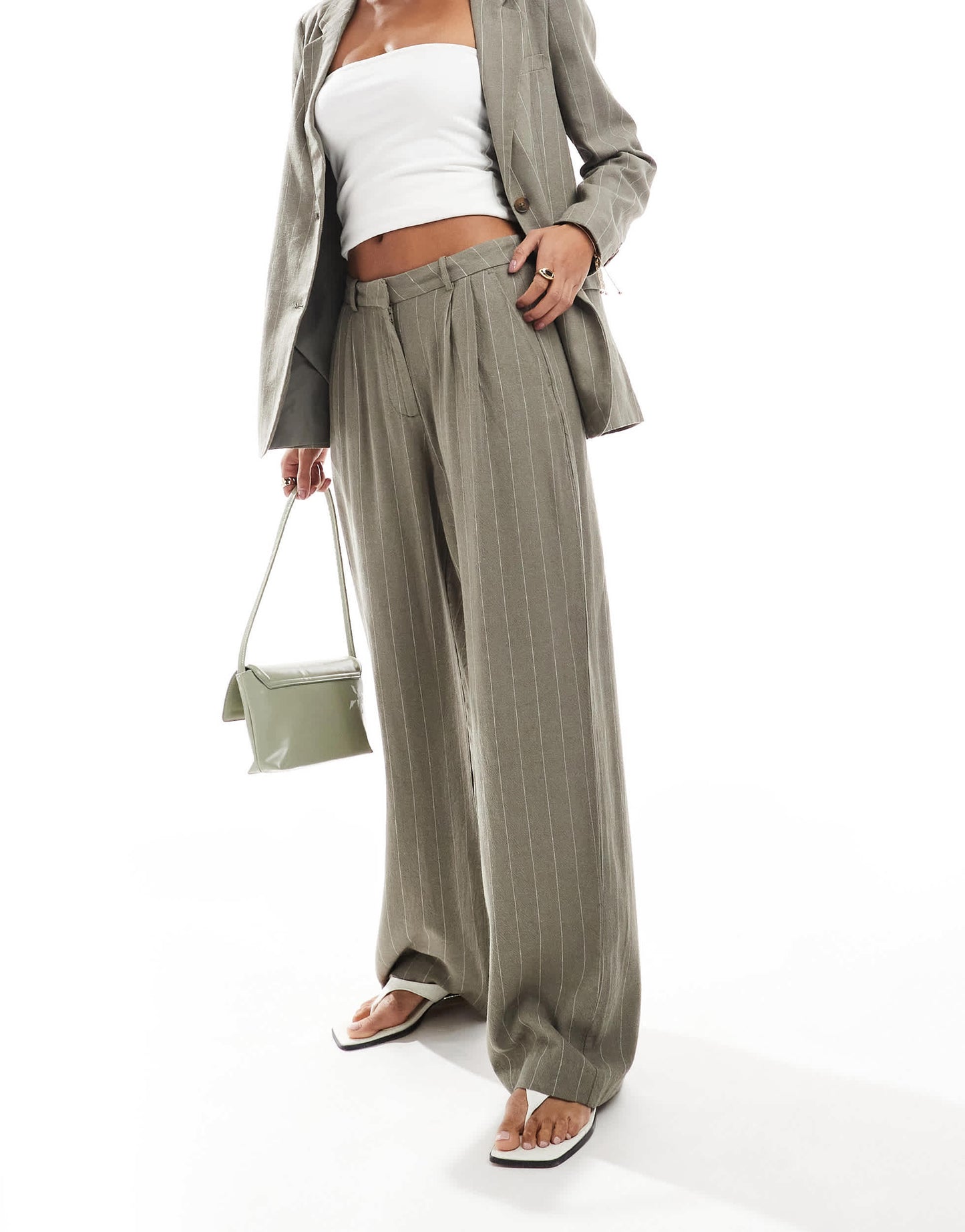 Vero Moda linen touch pleat front trouser co-ord in khaki stripe