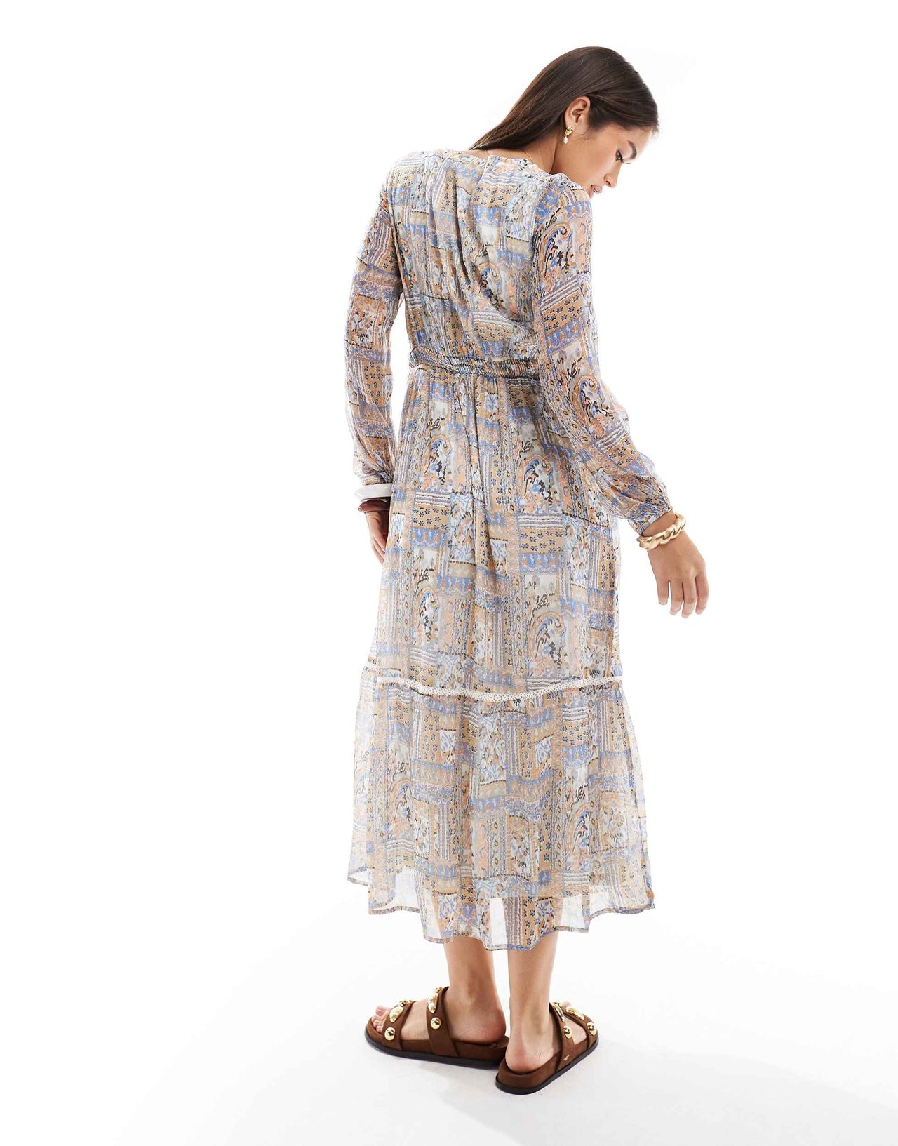 Vero Moda smock maxi dress in pink patchwork print