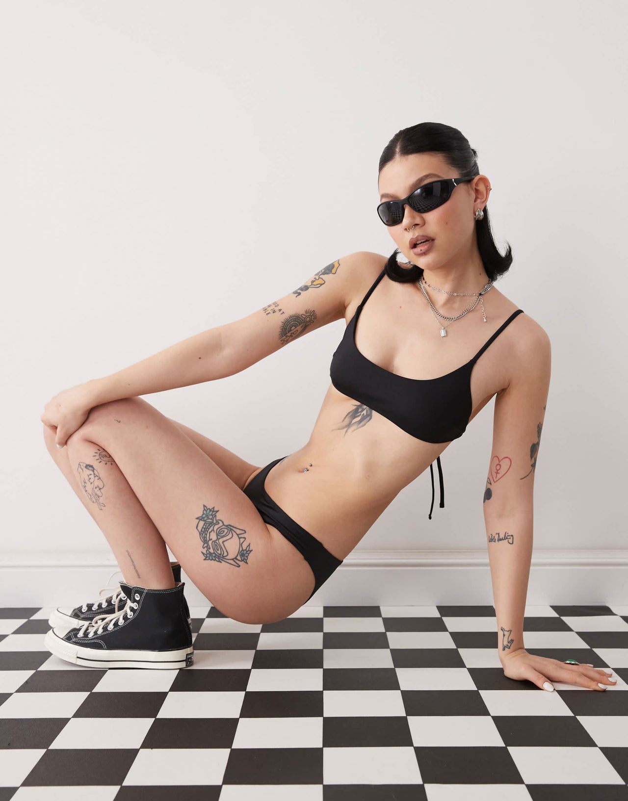 Monki mix and match scoop neck bikini top with tie back in black