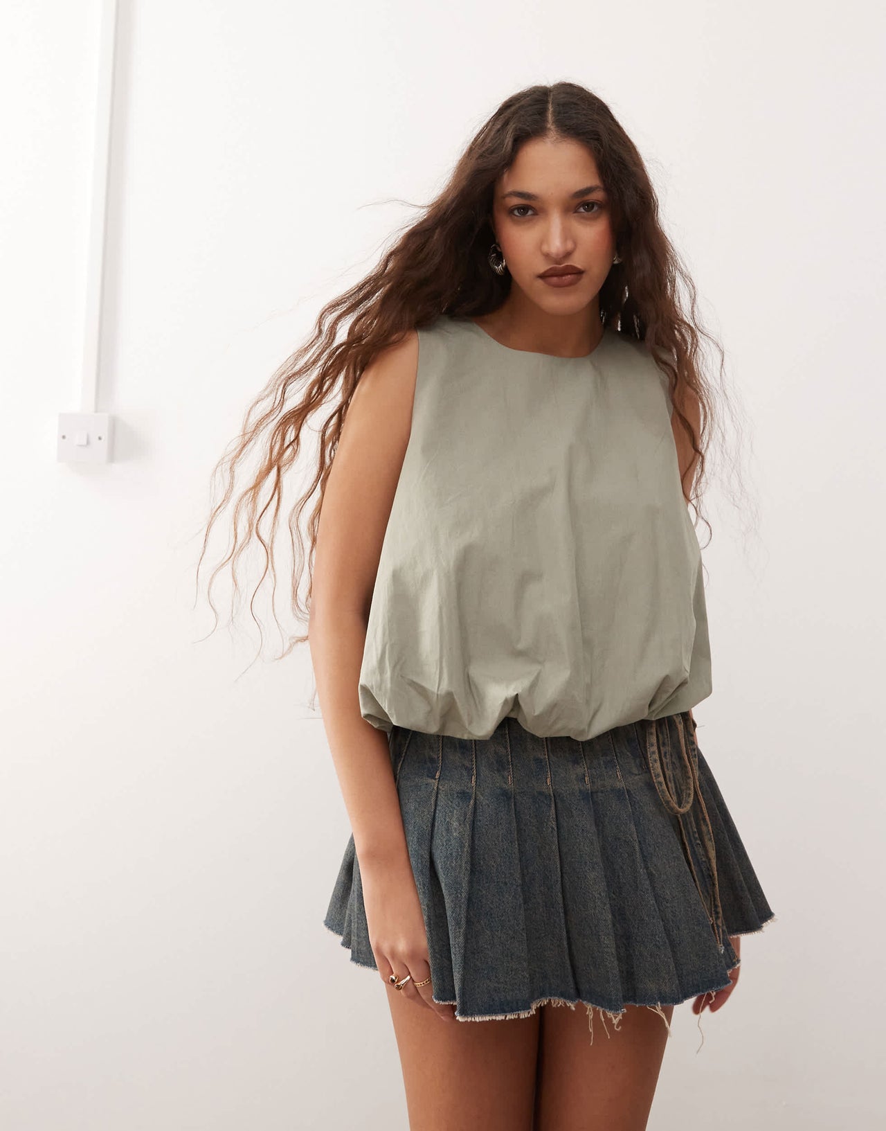Monki poplin bubble top in khaki