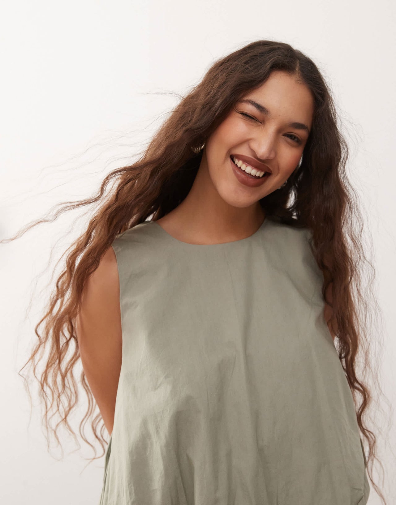 Monki poplin bubble top in khaki