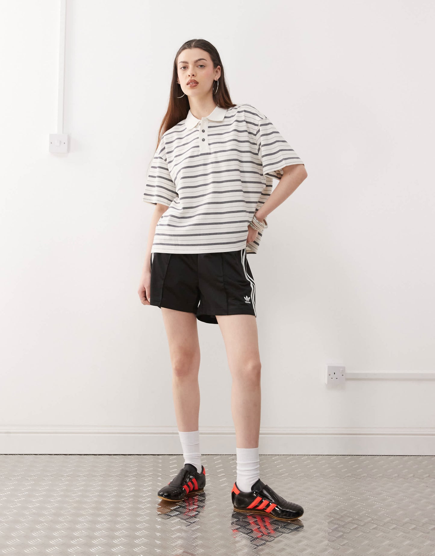 Monki boxy fit polo shirt in white and black stripe