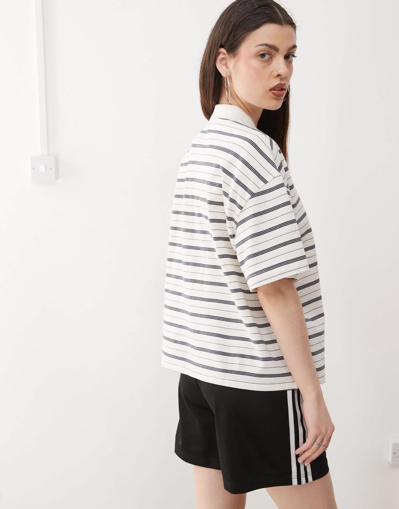 Monki boxy fit polo shirt in white and black stripe