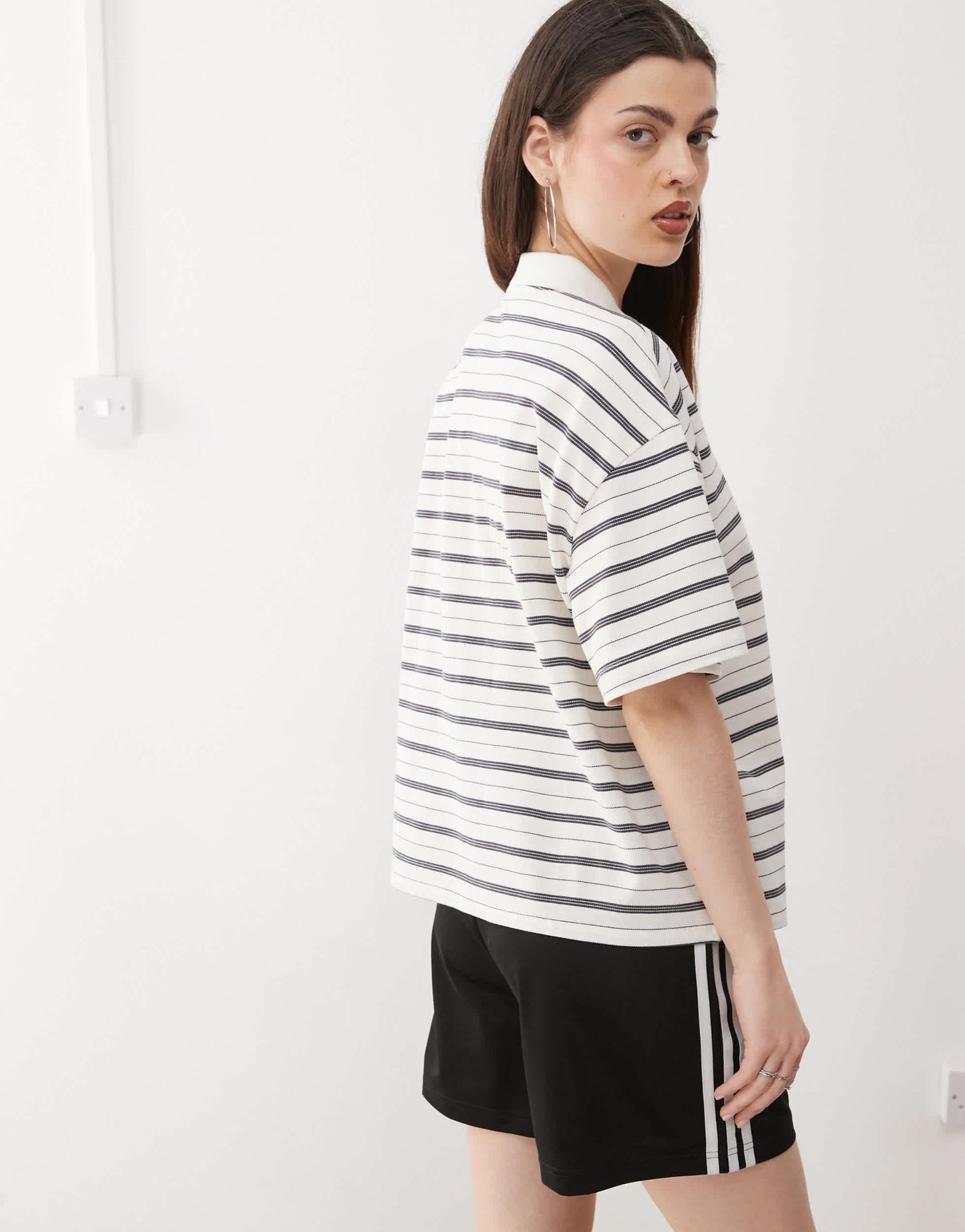 Monki boxy fit polo shirt in white and black stripe