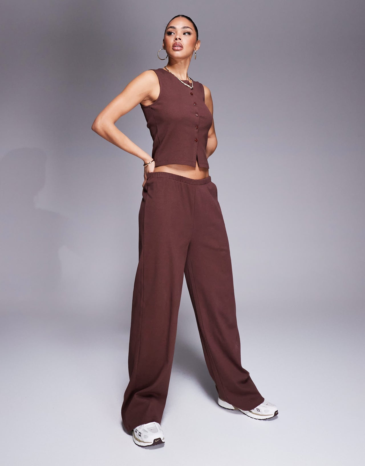 Weekend Collective co-ord ribbed sleeveless button top in chocolate