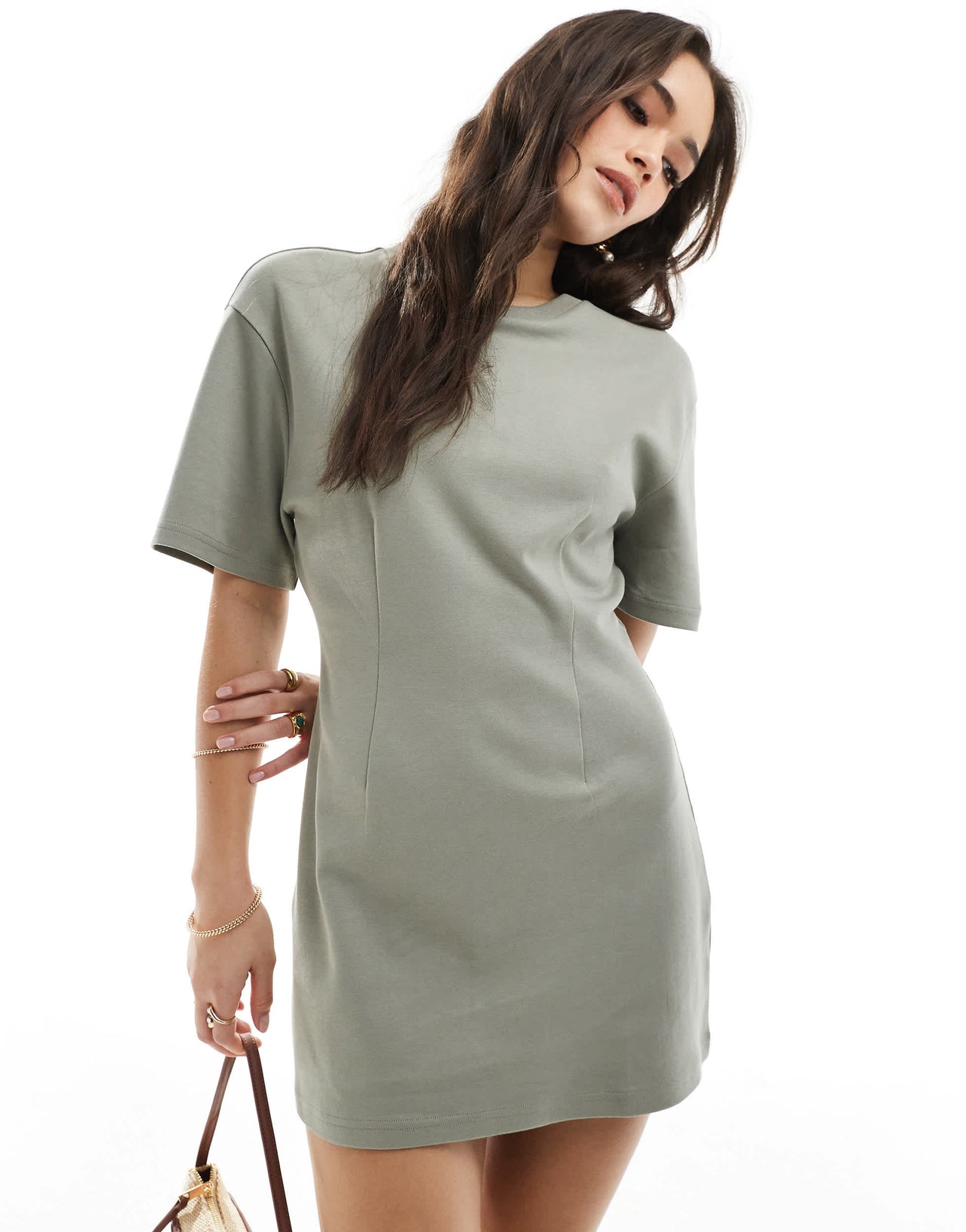 Monki t-shirt dress with cinched waist in khaki