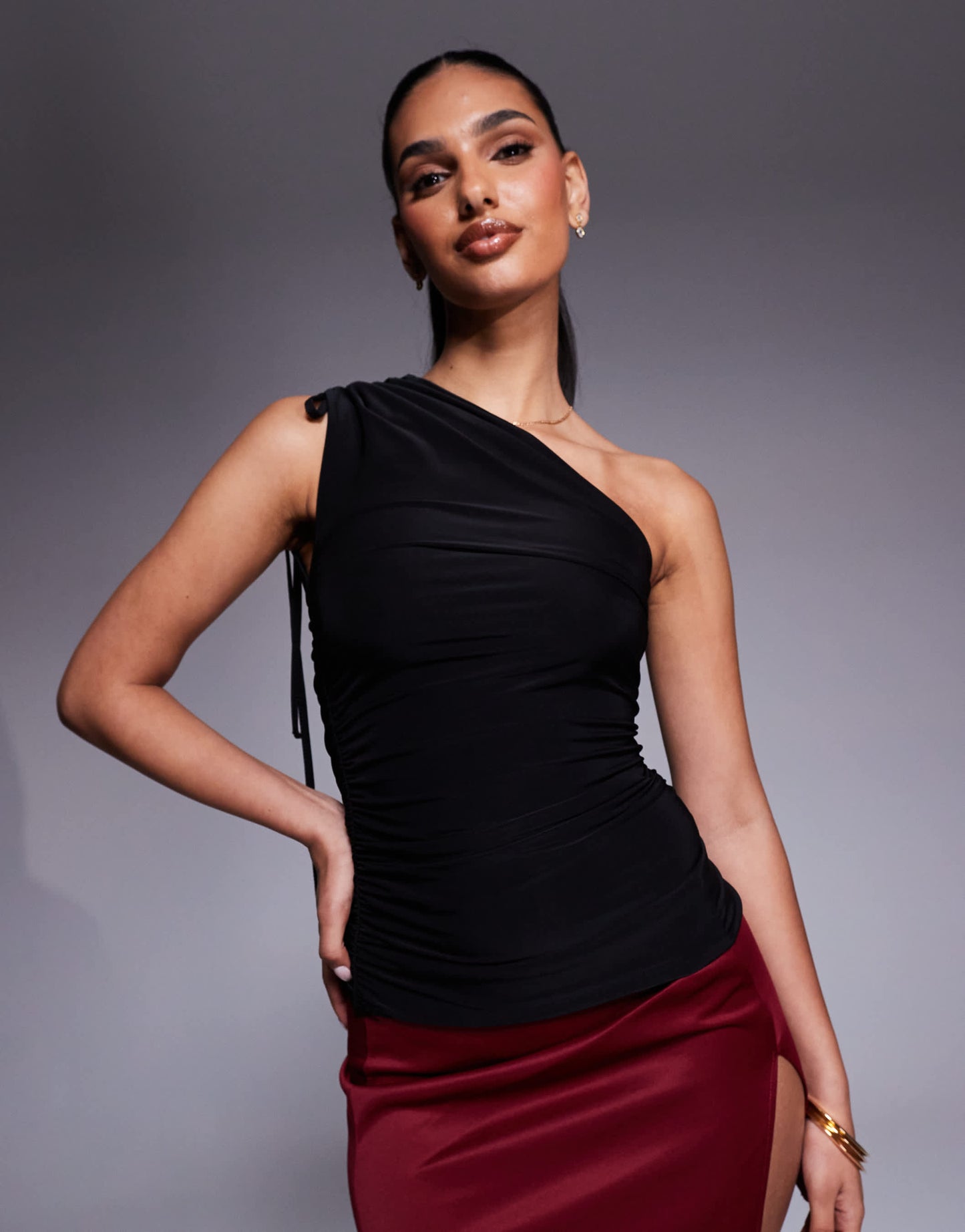 Kaiia exclusive double layered slinky tie one shoulder top in black