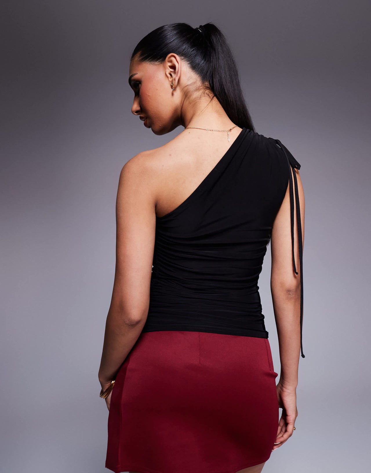 Kaiia exclusive double layered slinky tie one shoulder top in black