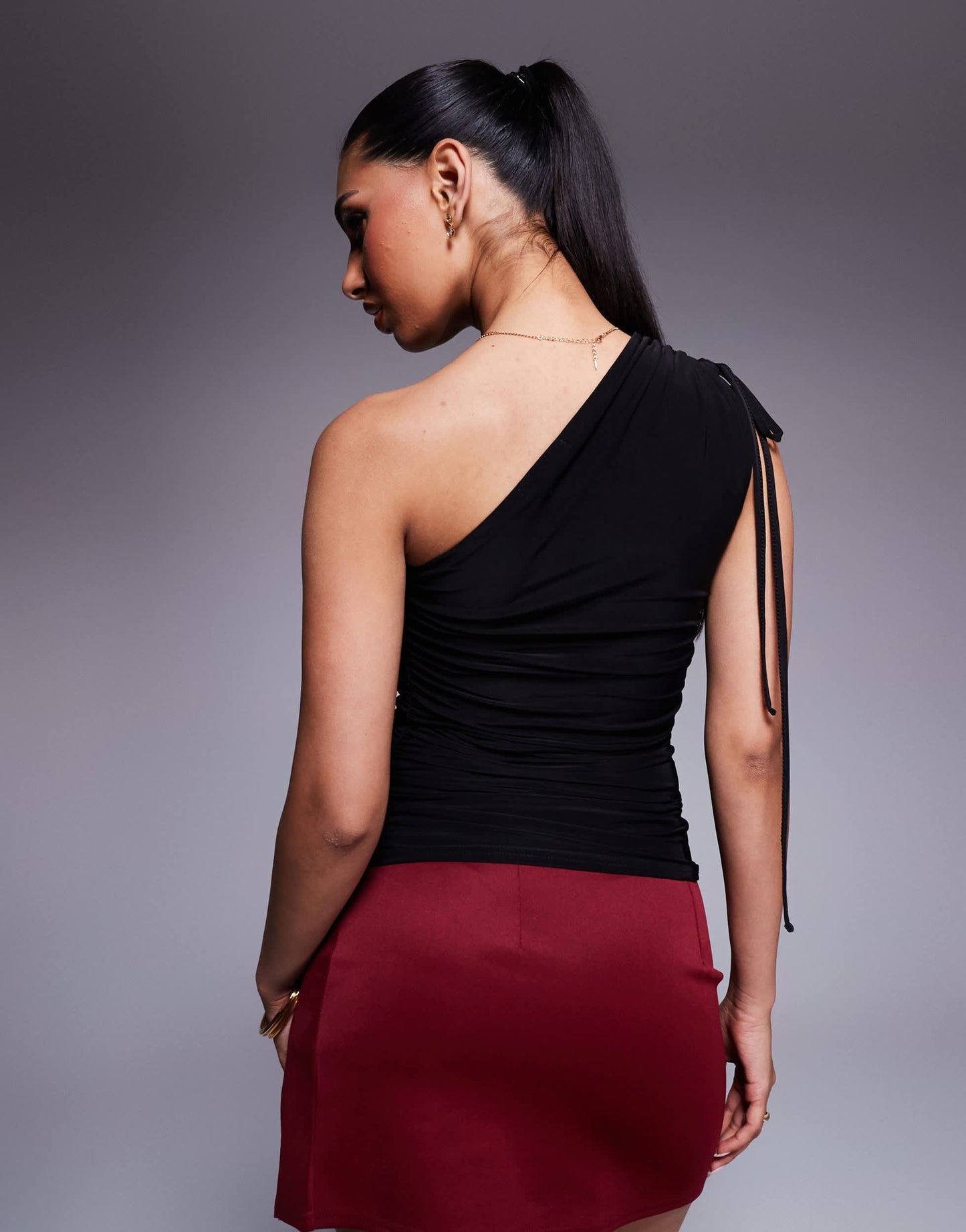 Kaiia exclusive double layered slinky tie one shoulder top in black