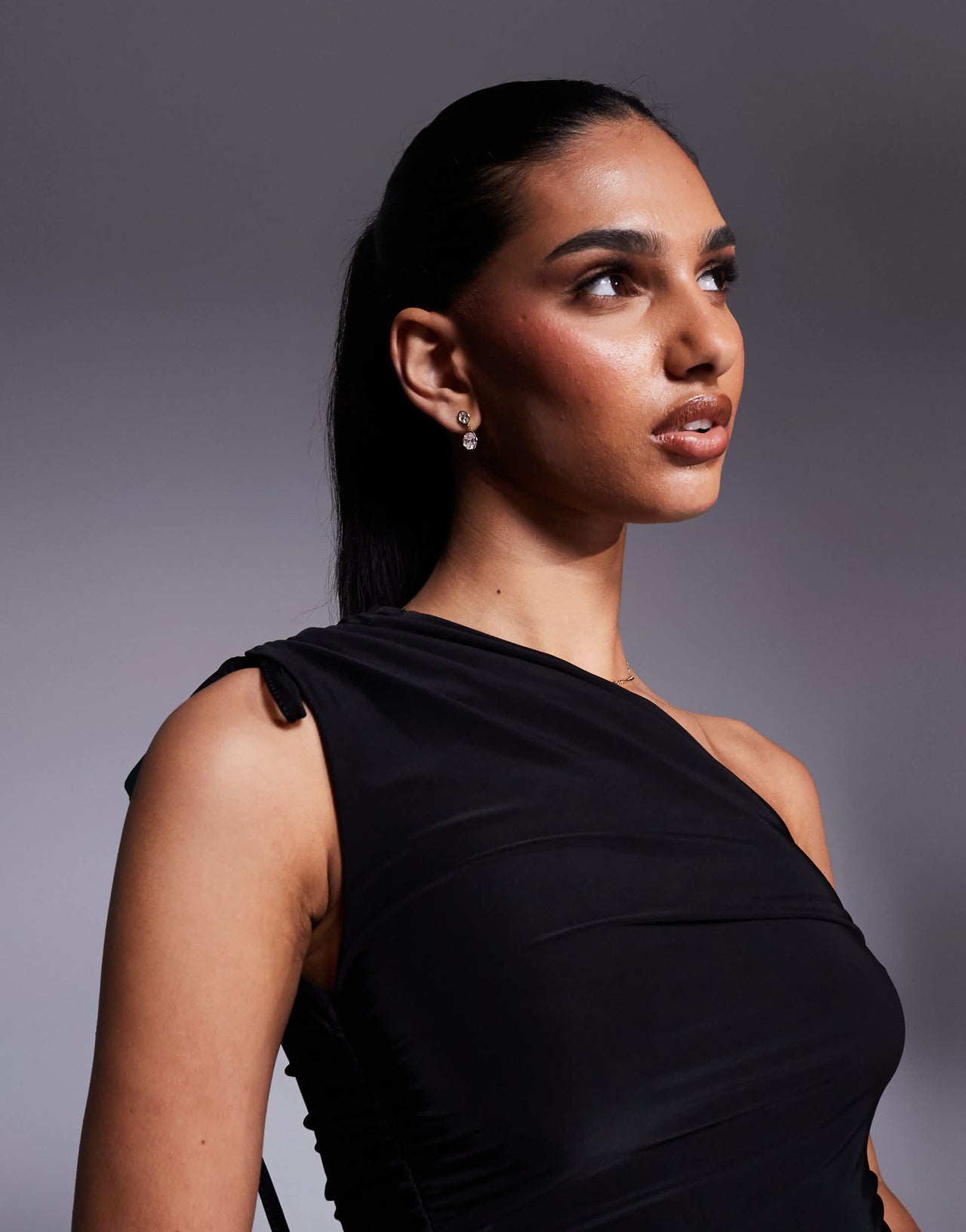 Kaiia exclusive double layered slinky tie one shoulder top in black