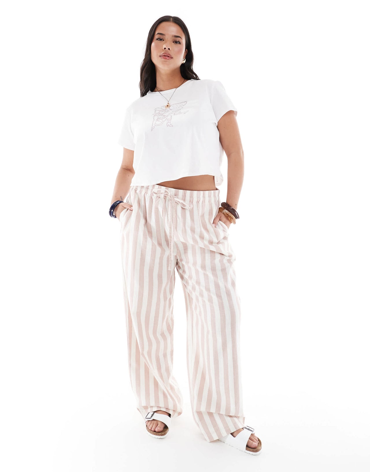 ASOS DESIGN Curve linen look pull on tapered trousers in mink stripe