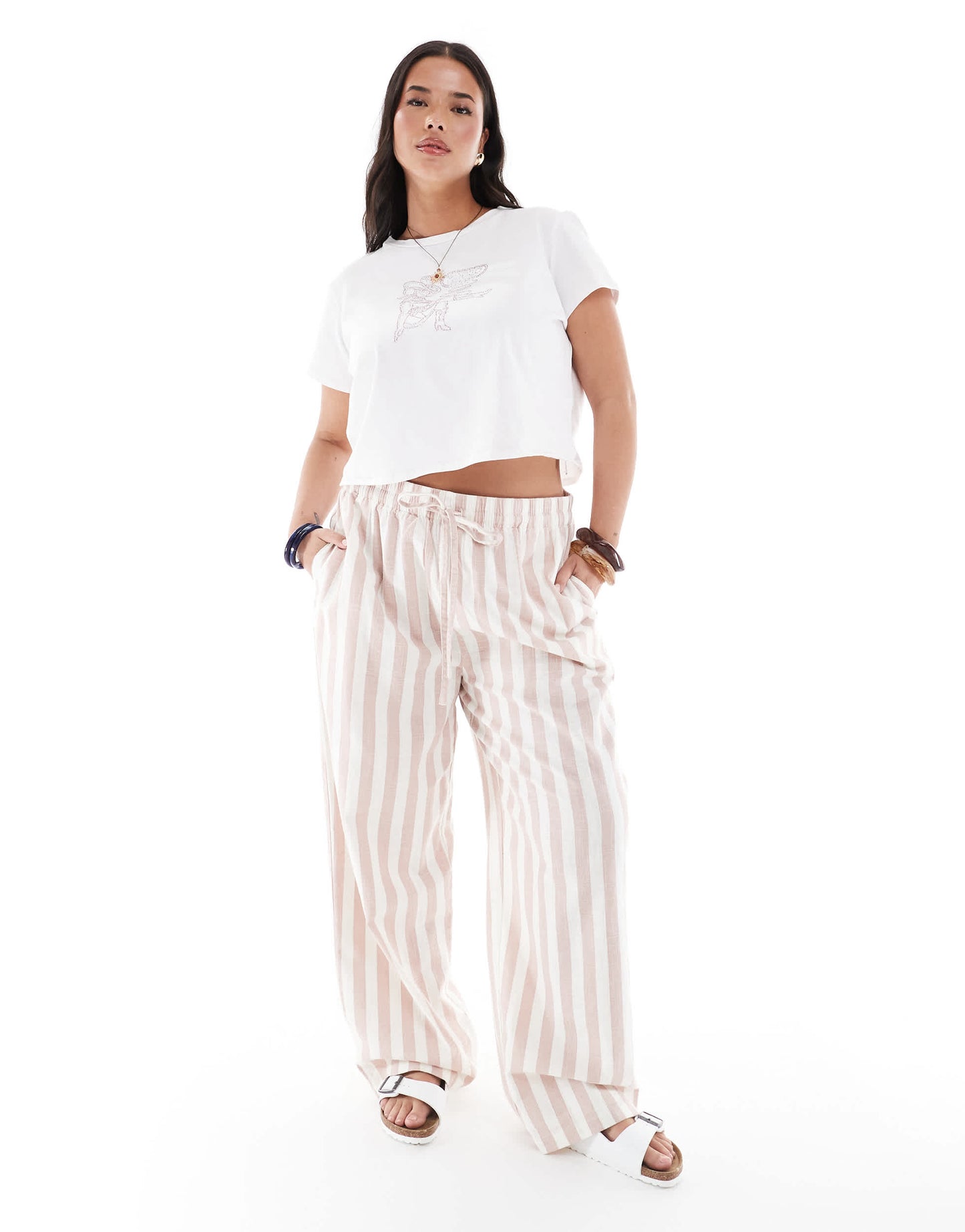 ASOS DESIGN Curve linen look pull on tapered trousers in mink stripe