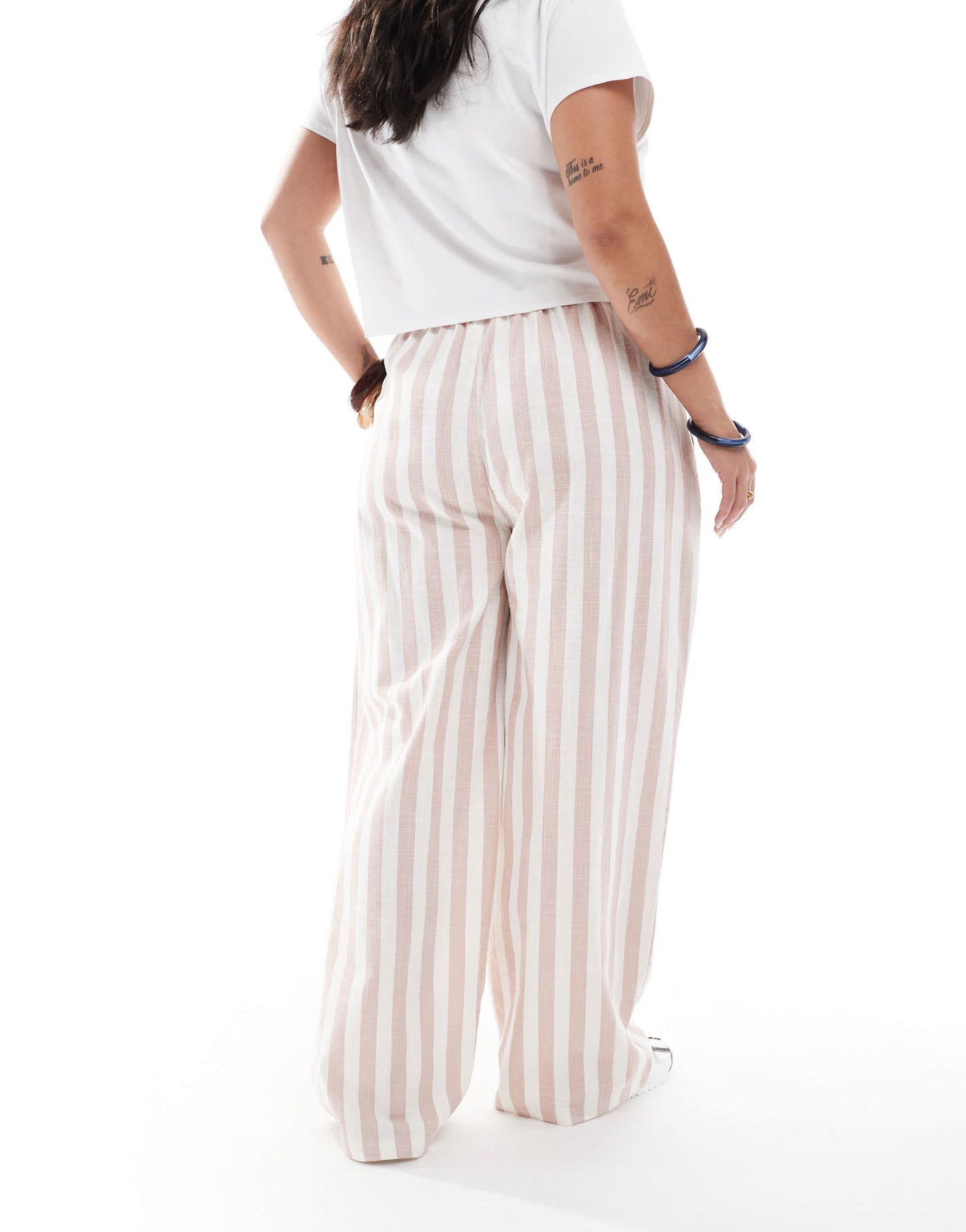 ASOS DESIGN Curve linen look pull on tapered trousers in mink stripe