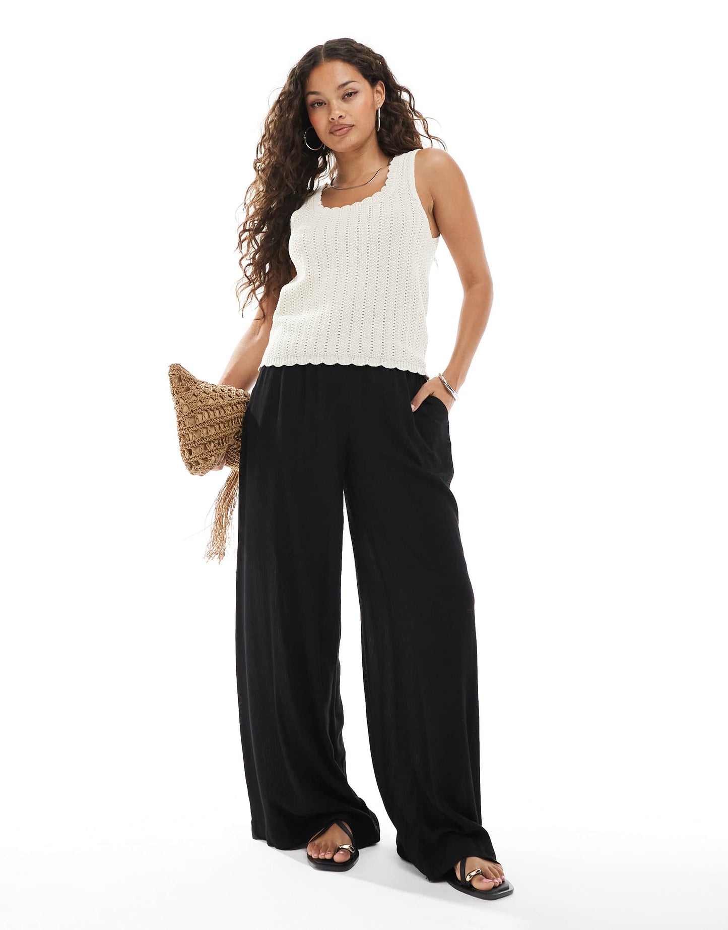 Vero Moda Petite high waisted floaty wide leg trousers in black