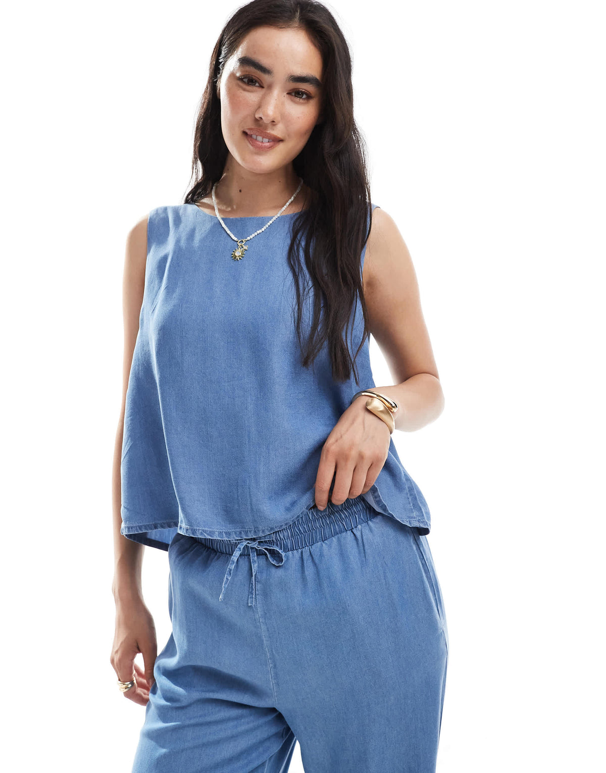 Vero Moda sleeveless tie front top co-ord in blue chambray