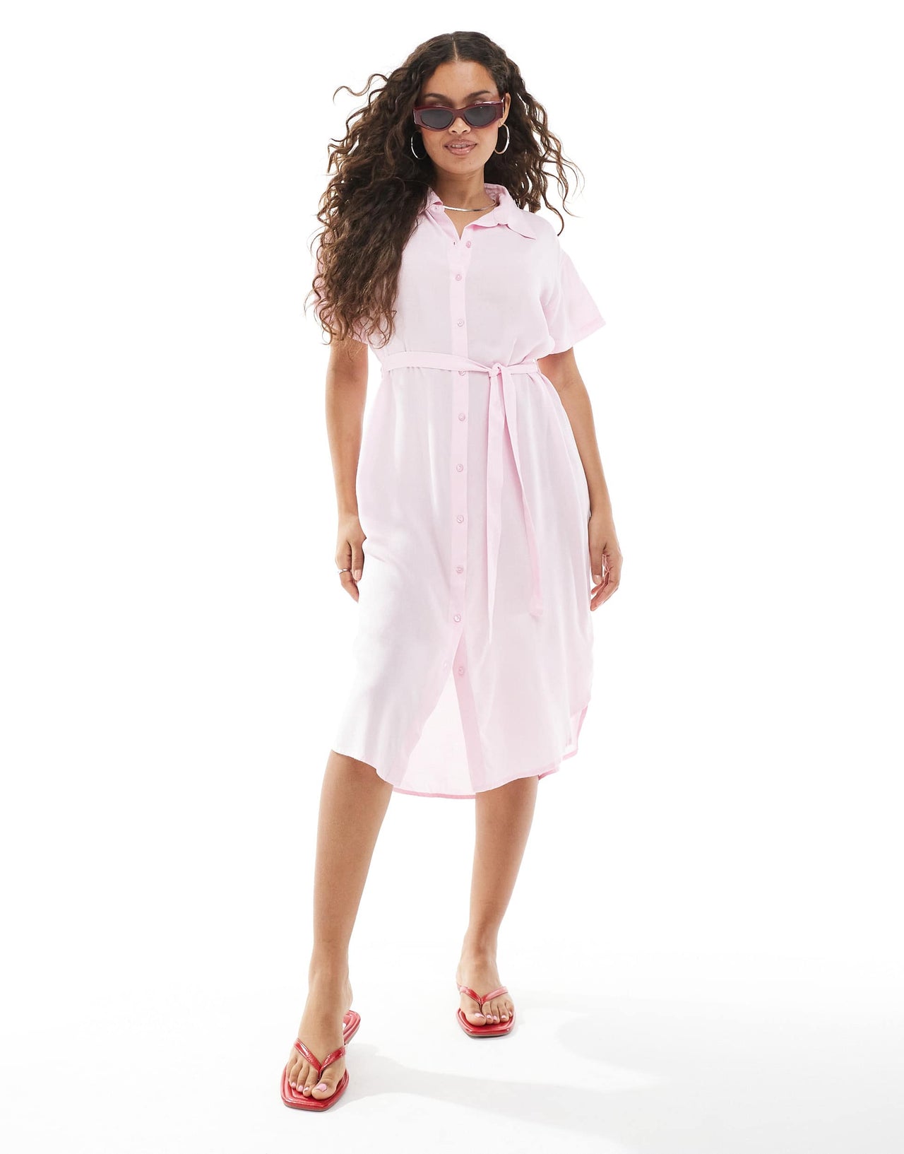 Vero Moda Petite shirt midi dress with tie belt in pink
