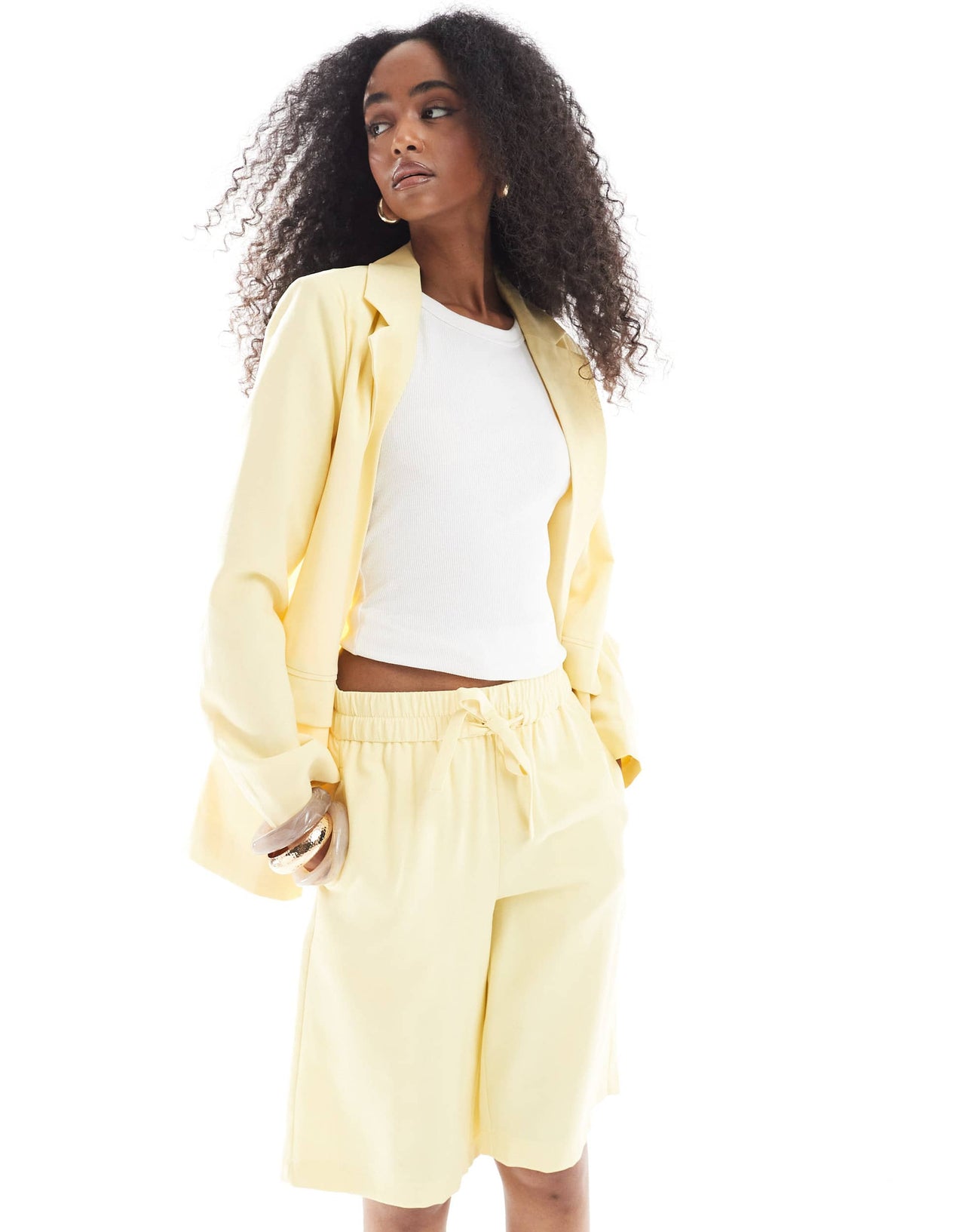 Vero Moda mix and match longline tailored shorts co-ord in pale banana