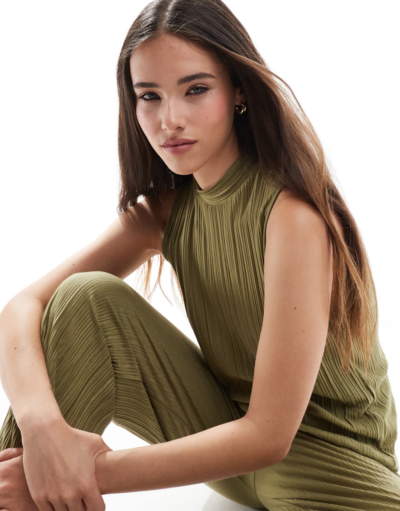 Vero Moda plisse sleeveless top co-ord in khaki
