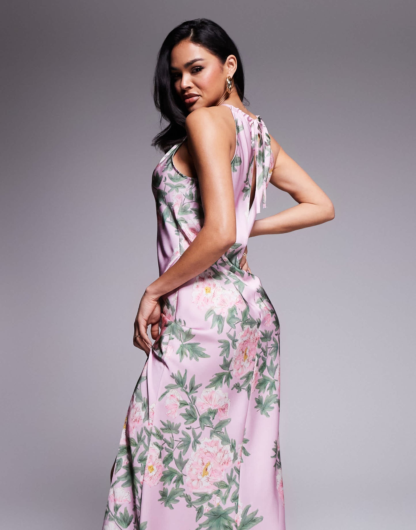 ASOS DESIGN satin halter neck split maxi dress in pink floral print