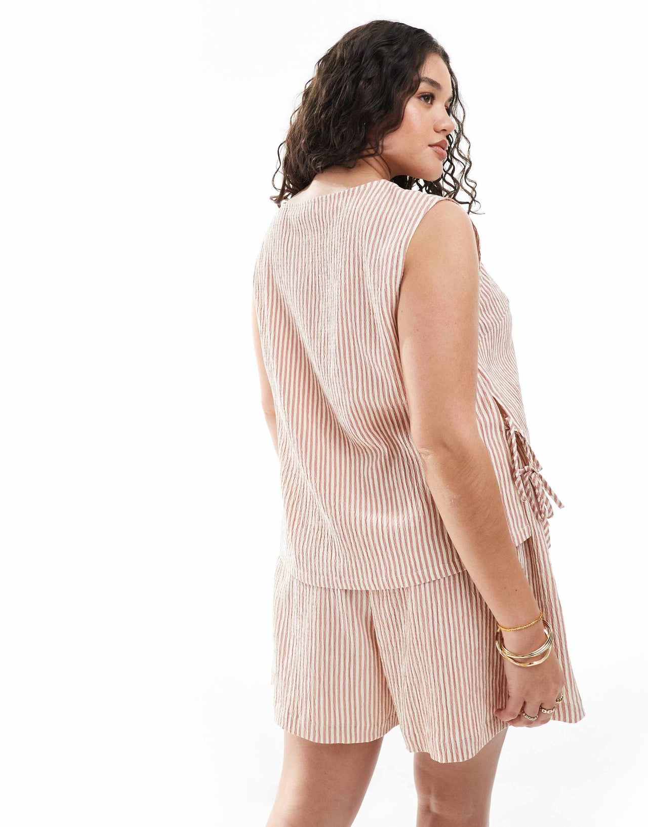 ASOS DESIGN Curve textured tie side shell top co-ord in rose stripe