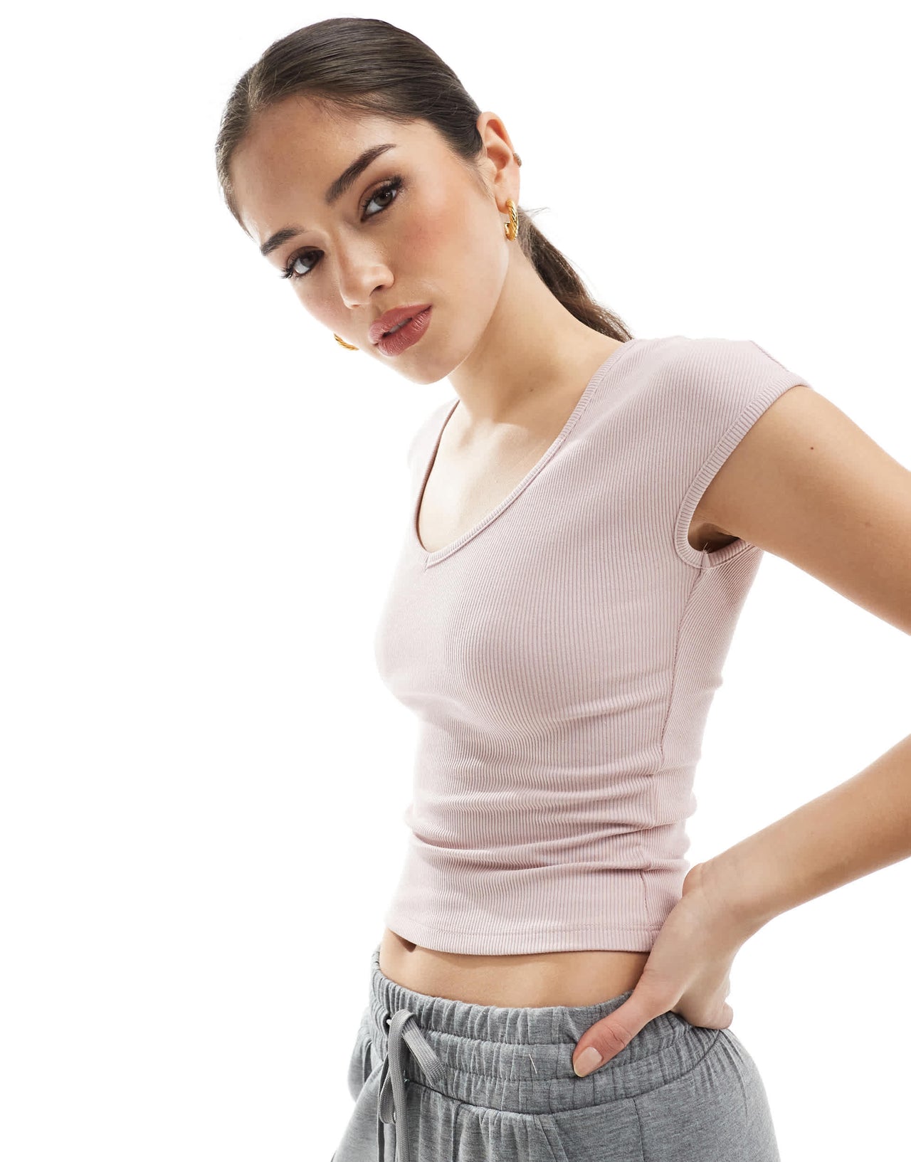 Bershka v-neck baby tee in pink