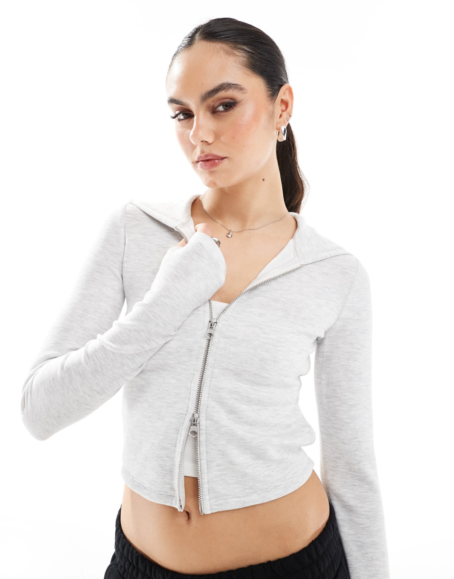 Bershka soft touch zip-up hoodie in light grey