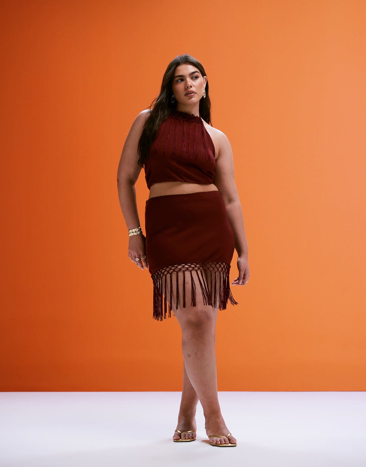 ASOS DESIGN Curve co-ord fringed halter neck top in rust