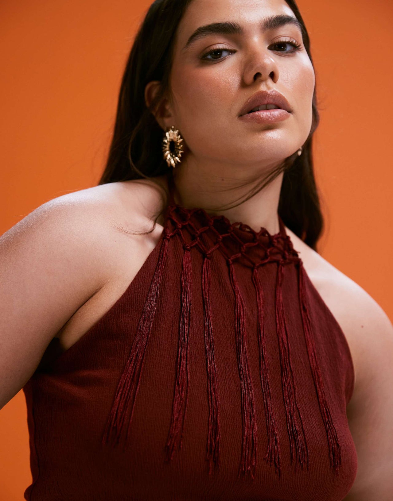 ASOS DESIGN Curve co-ord fringed halter neck top in rust