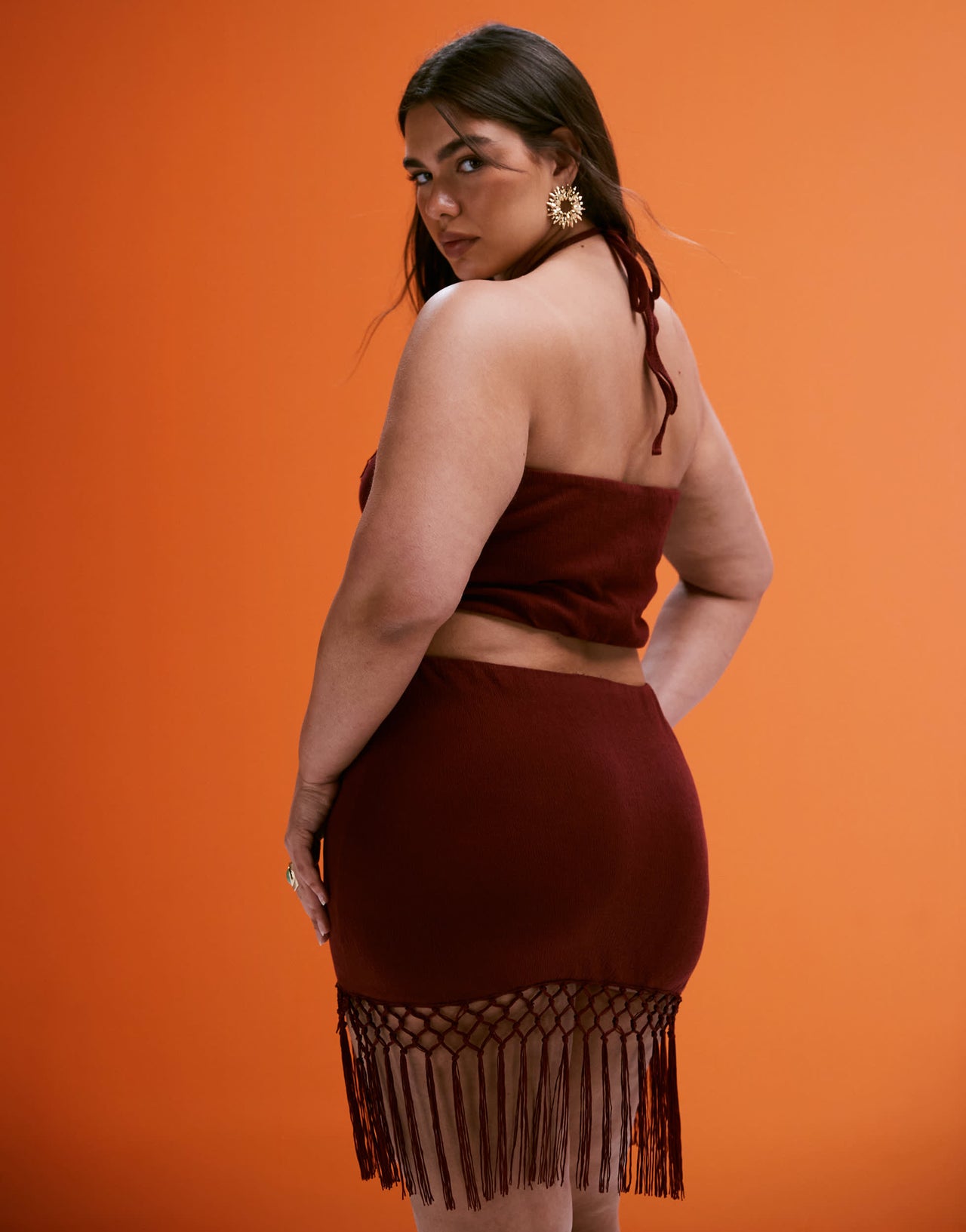 ASOS DESIGN Curve co-ord fringed halter neck top in rust