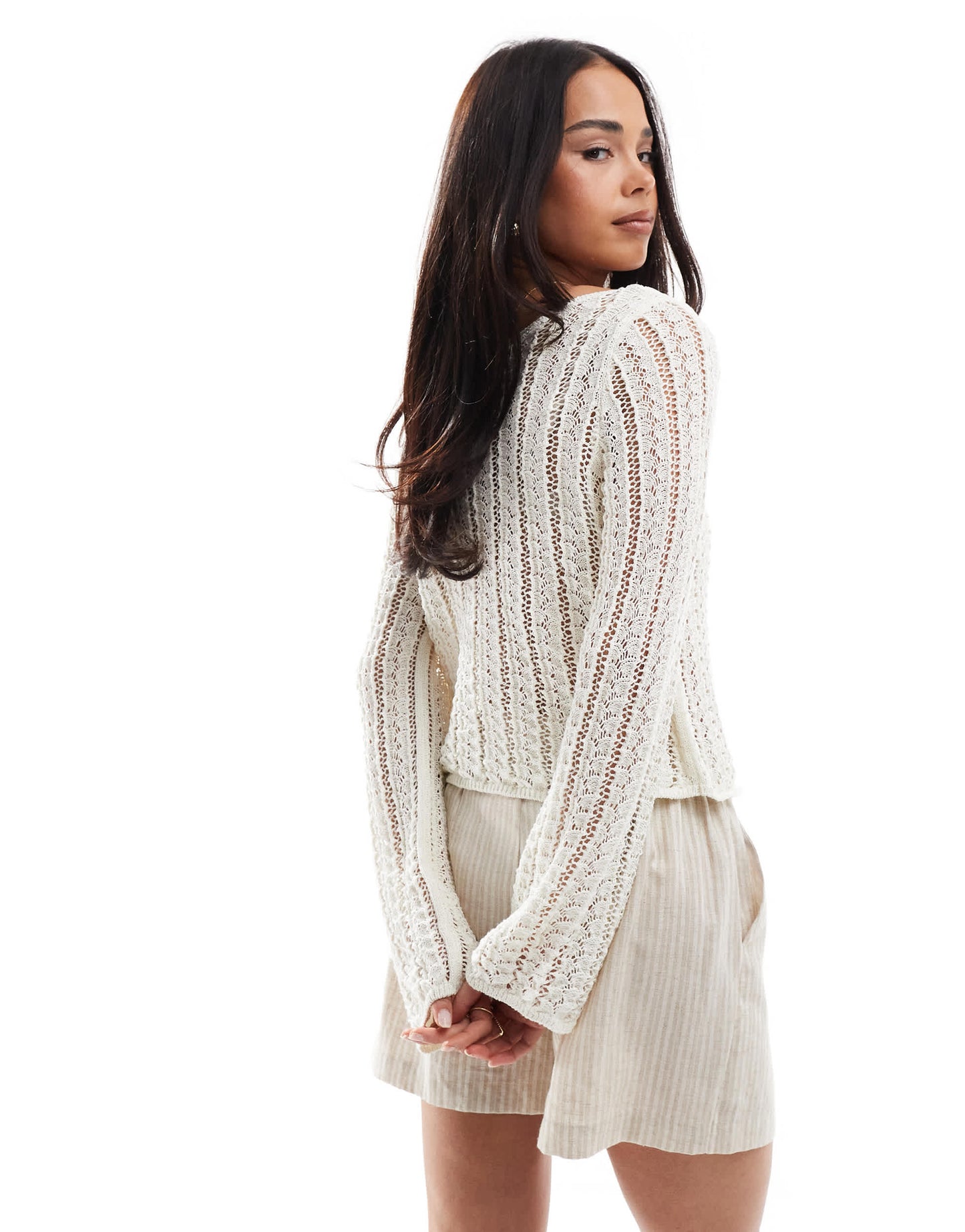 Pieces self stripe crochet knit cropped top in cloud white