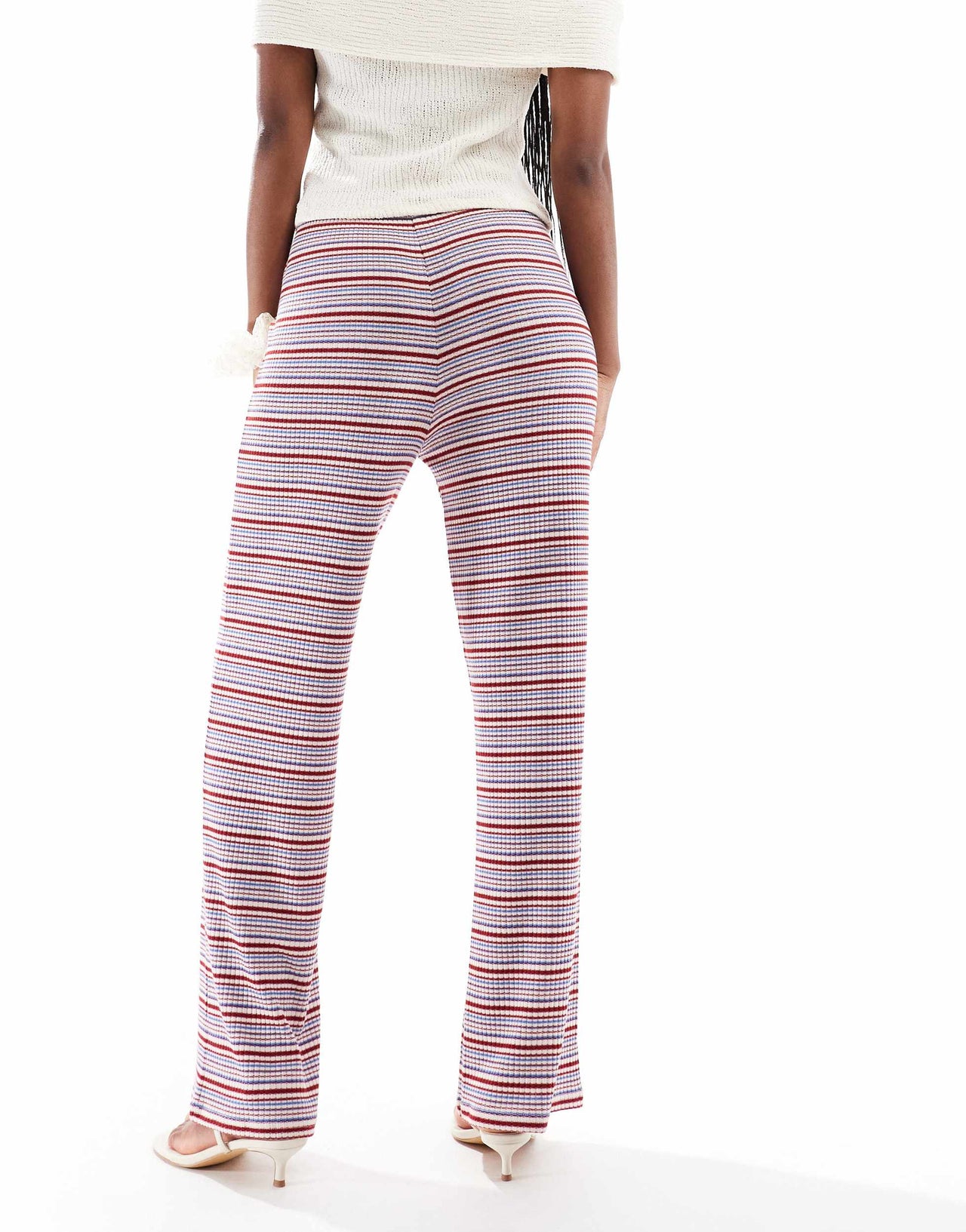 Pieces wide leg ribbed trousers in blue and burgundy stripe