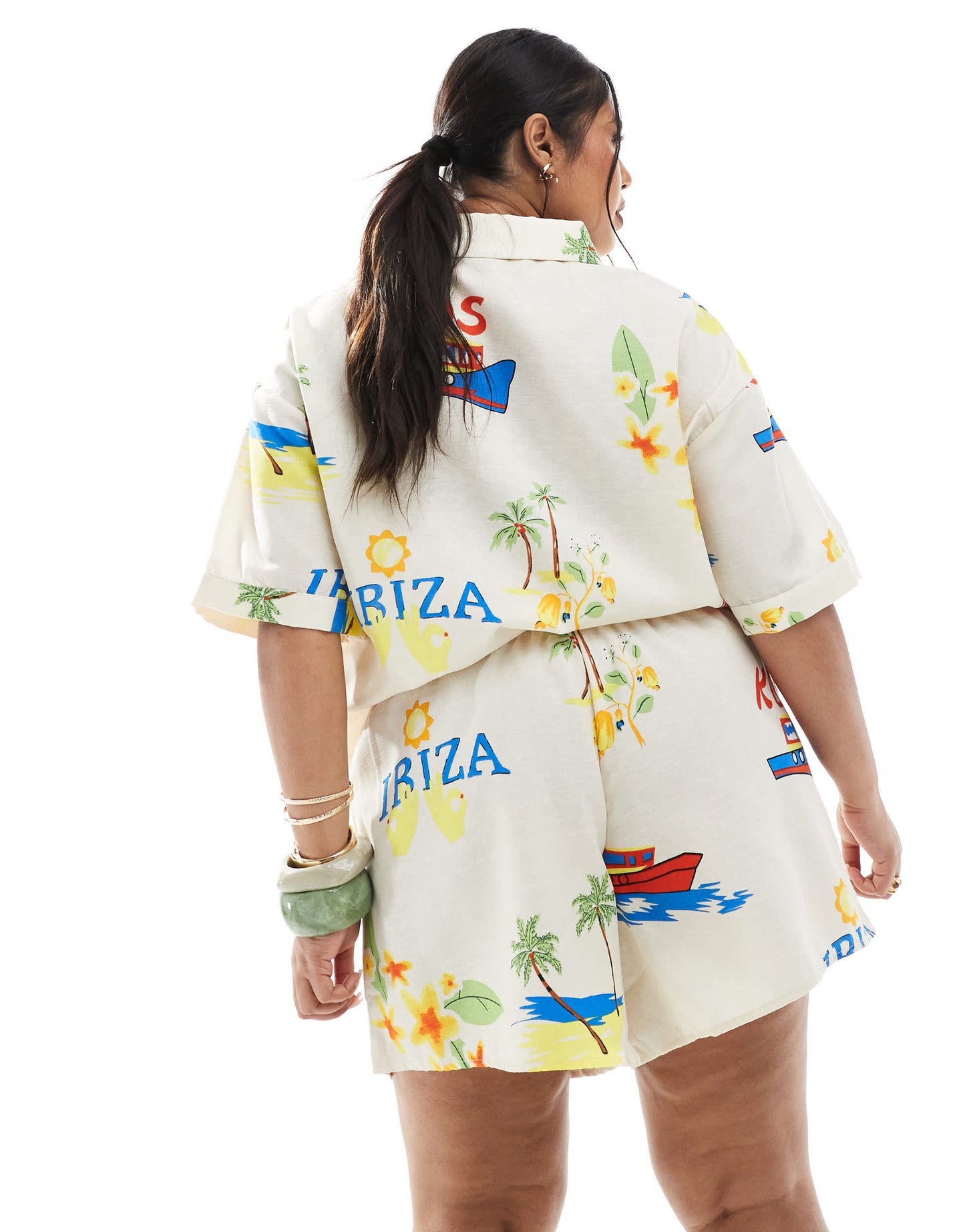 Pieces Curve high waist short co-ord in cream based conversational print