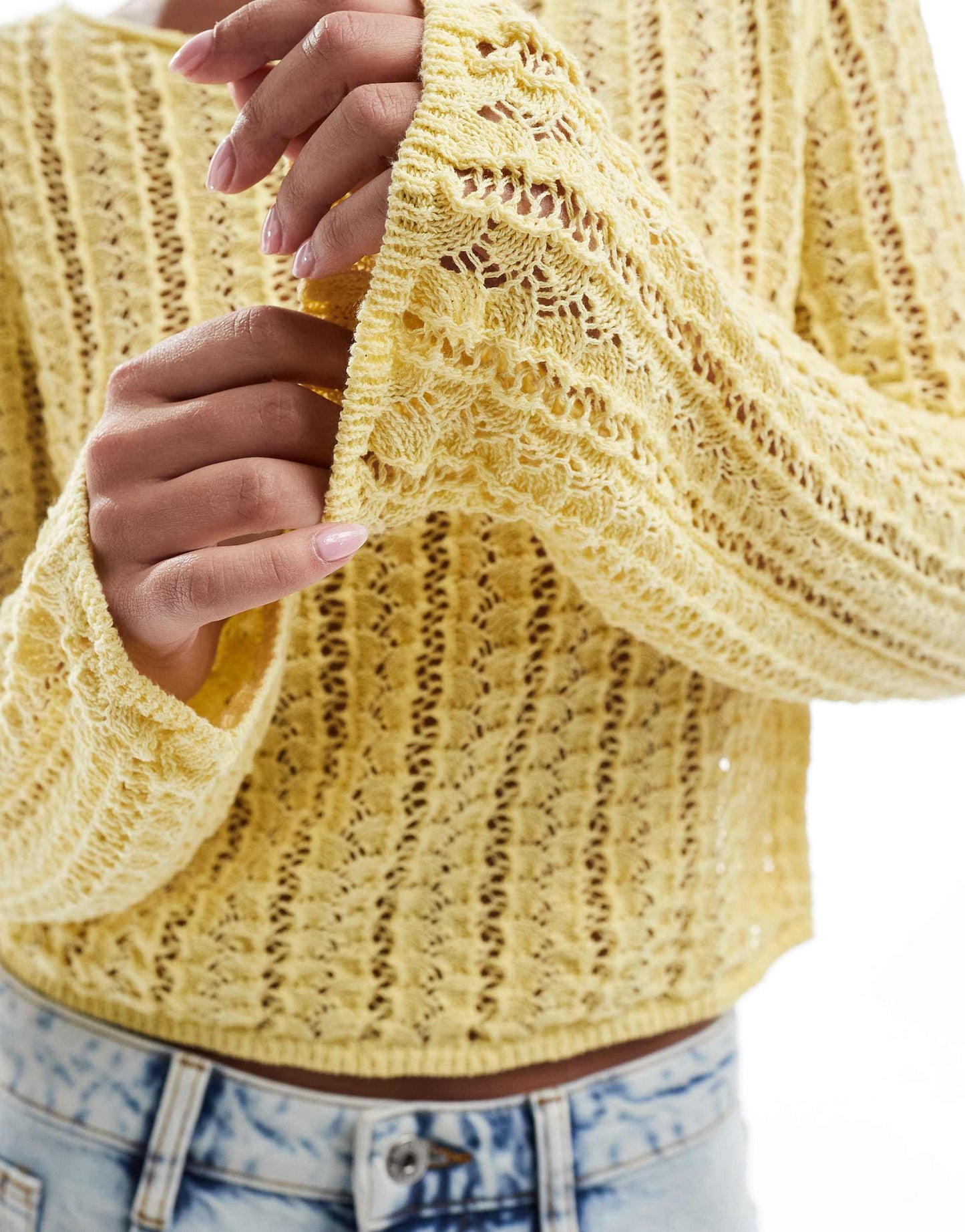 Pieces self stripe crochet knit cropped top in banana yellow