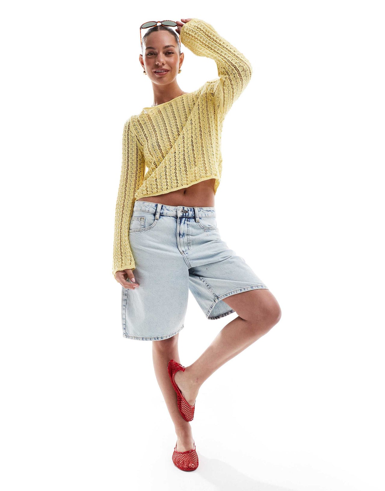 Pieces self stripe crochet knit cropped top in banana yellow