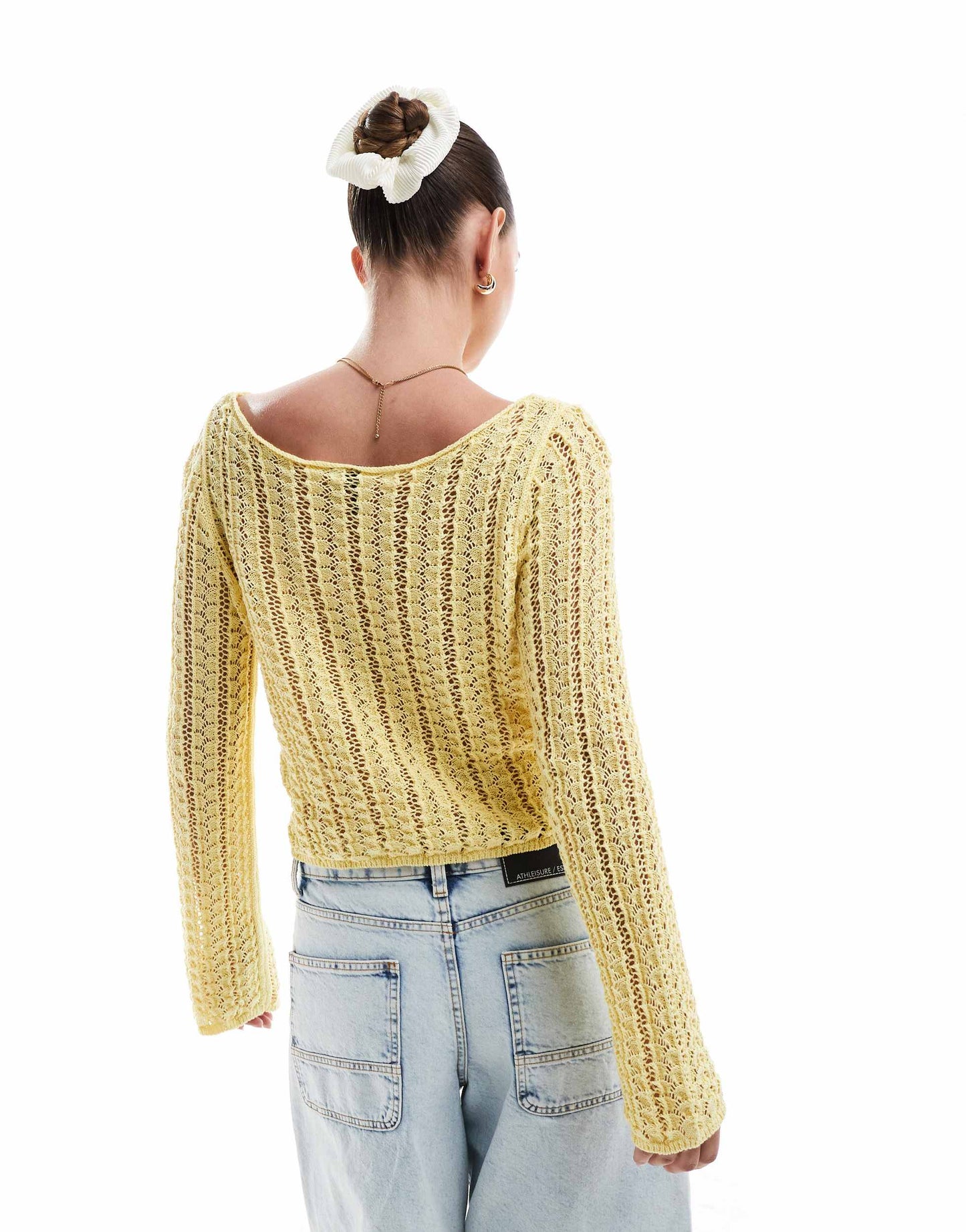 Pieces self stripe crochet knit cropped top in banana yellow
