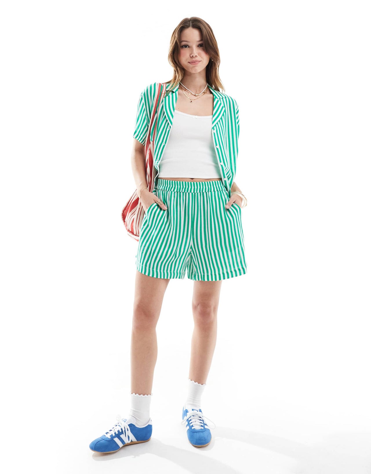 Pieces short sleeve boxy shirt co-ord in green and white stripe